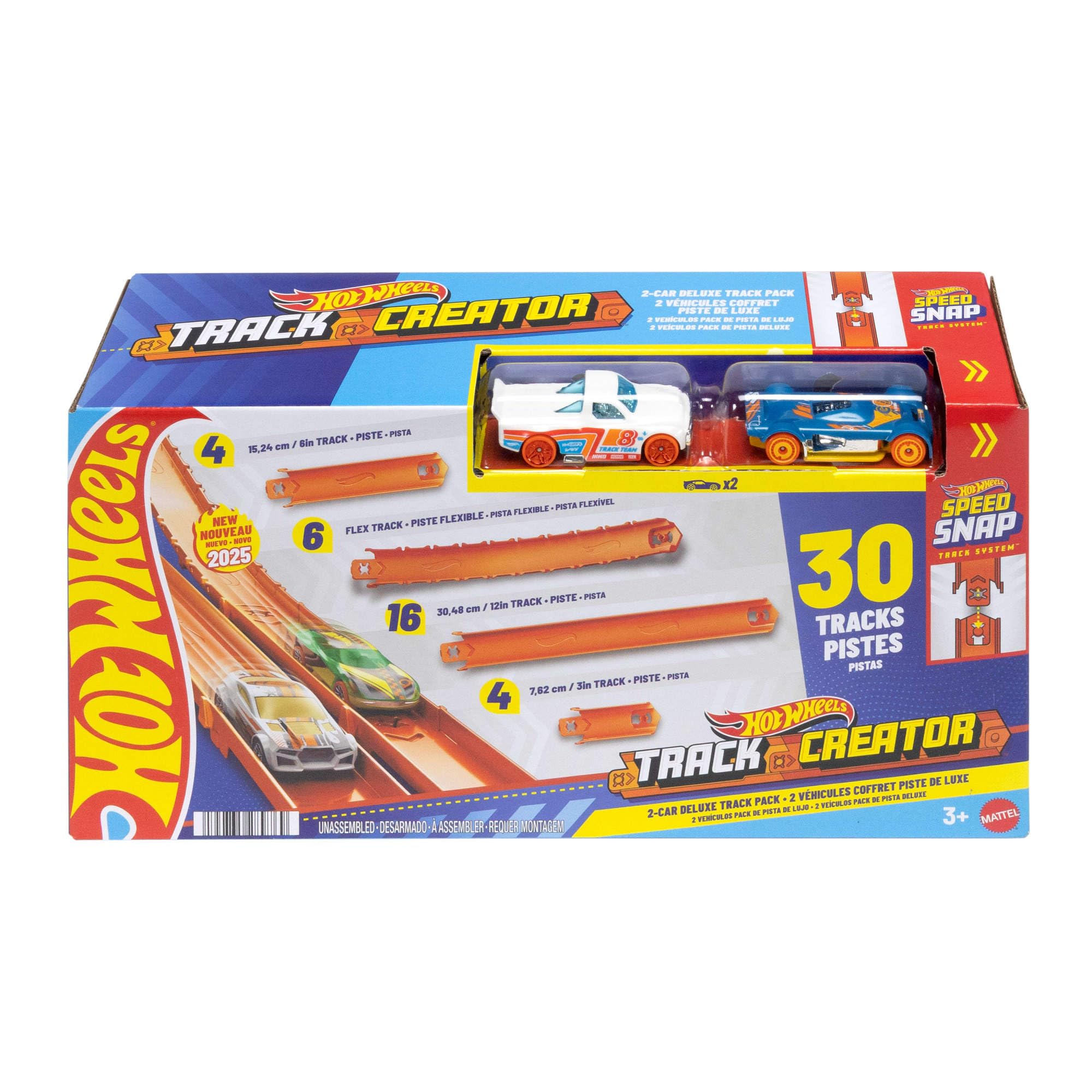 Hot Wheels Toy Car Track Set, Track Creator Deluxe Pack & 2 1:64 Scale Die-Cast Vehicles, 25 Feet of Different Length Speed Snap Track & Connectors, JDW42