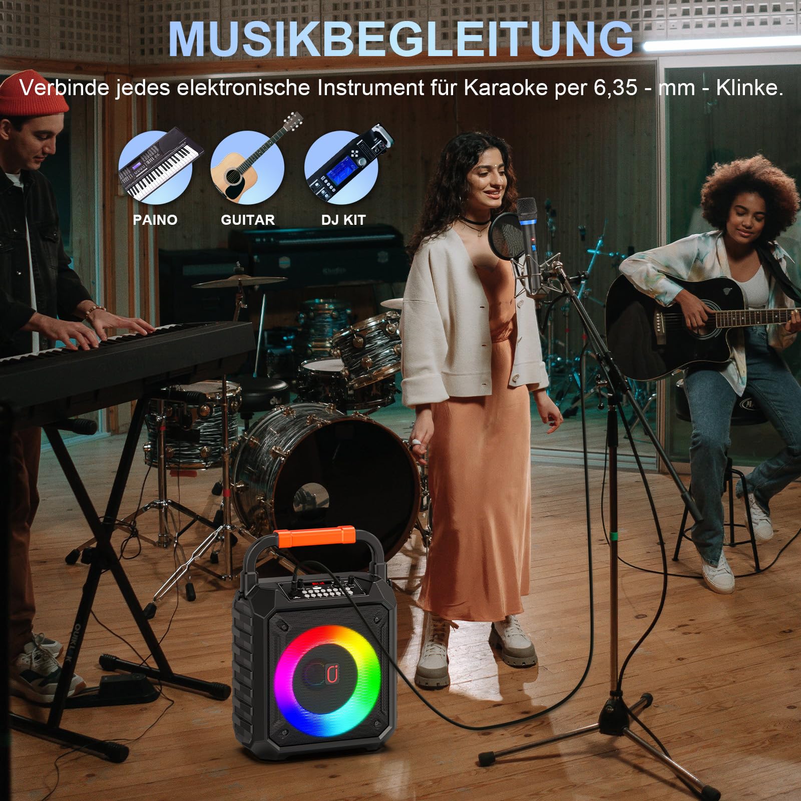 JYX Karaoke Maschine mit 2 kabellosen Mikrofonen, Bluetooth 5.3, 80W Lautsprecher, 6,5-Zoll-Bass, bis 12 Std., LED-Licht, USB/TF/AUX, tragbares Karaoke Set für Kinder und Erwachsene