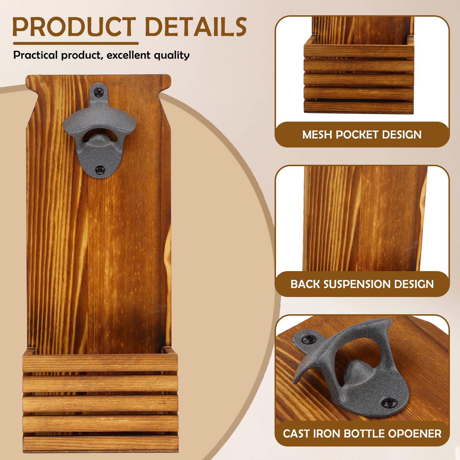 Abrebotellas de Pared o de Pie, Abridor de Botellas con Colector y Tapón, Madera 12x7,4x30cm