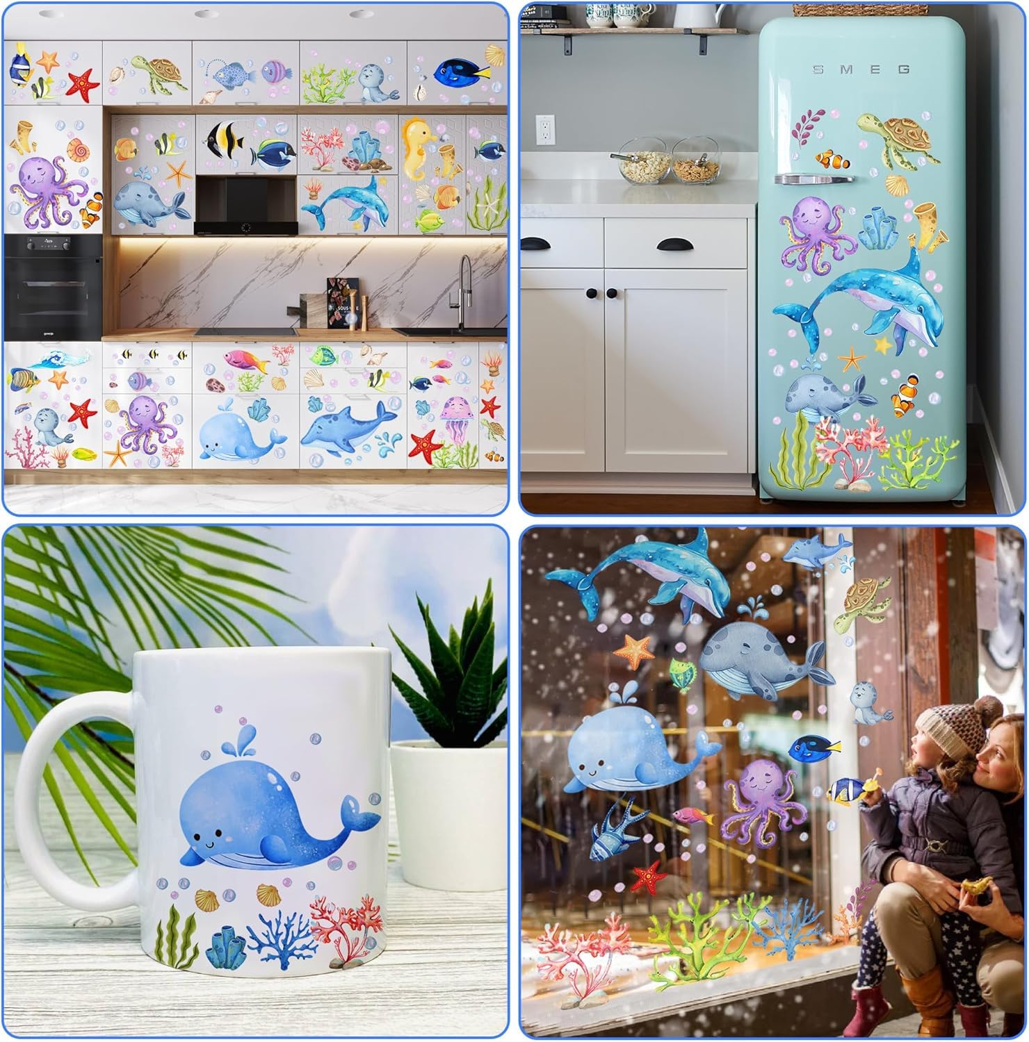 9 pegatinas autoadhesivas para ventanas, animales marinos pegatinas de pared pegatinas para ventanas de baño pegatinas reutilizables para la decoración del cuarto de baño de los niños