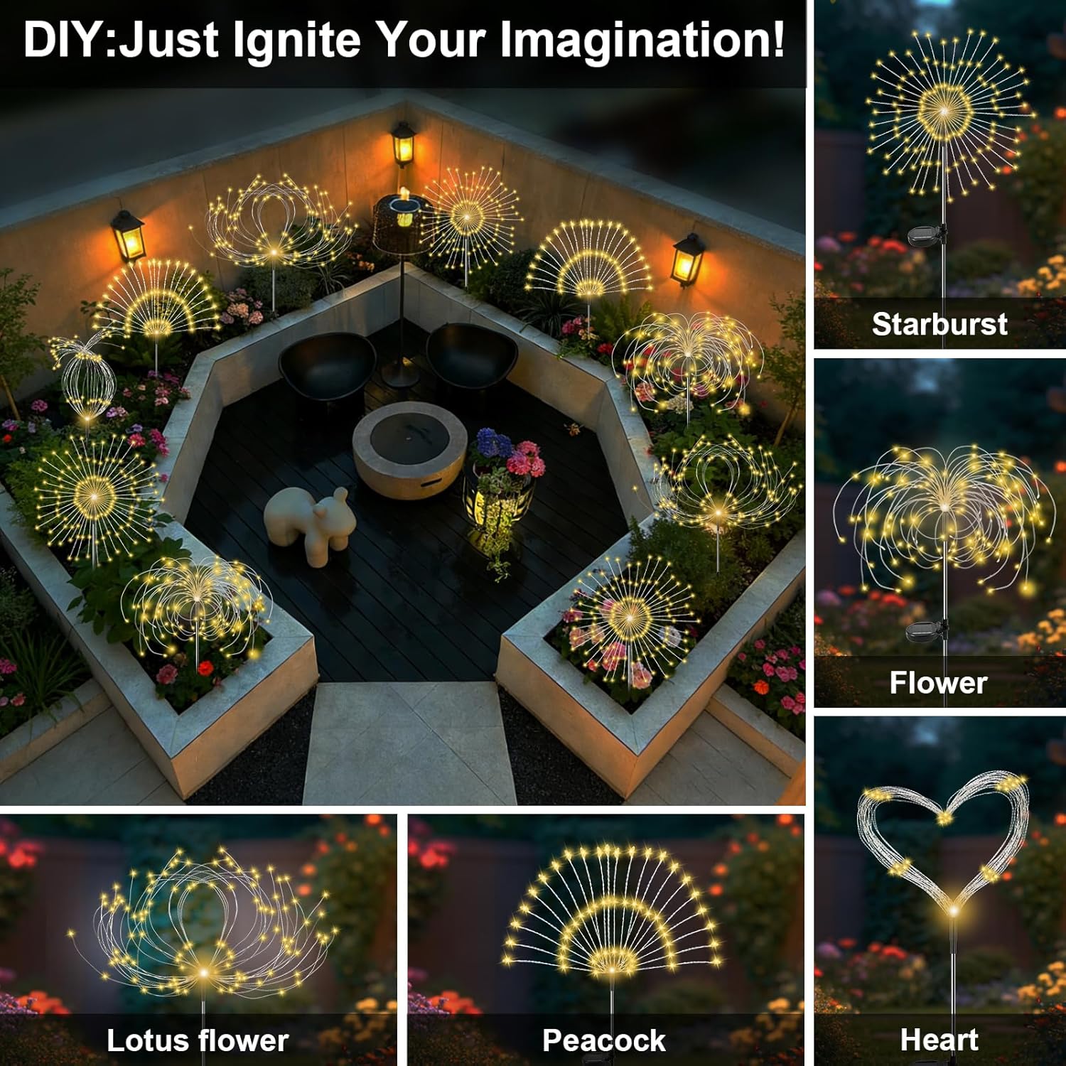 Solar Garden Lights Outdoor, 4 Pack 120 LED Twinkling Firework Lights Decorative with 2 Modes, Outdoor Waterproof Solar Starburst Light for Yard Pathway Planter Patio Decor, Warm White