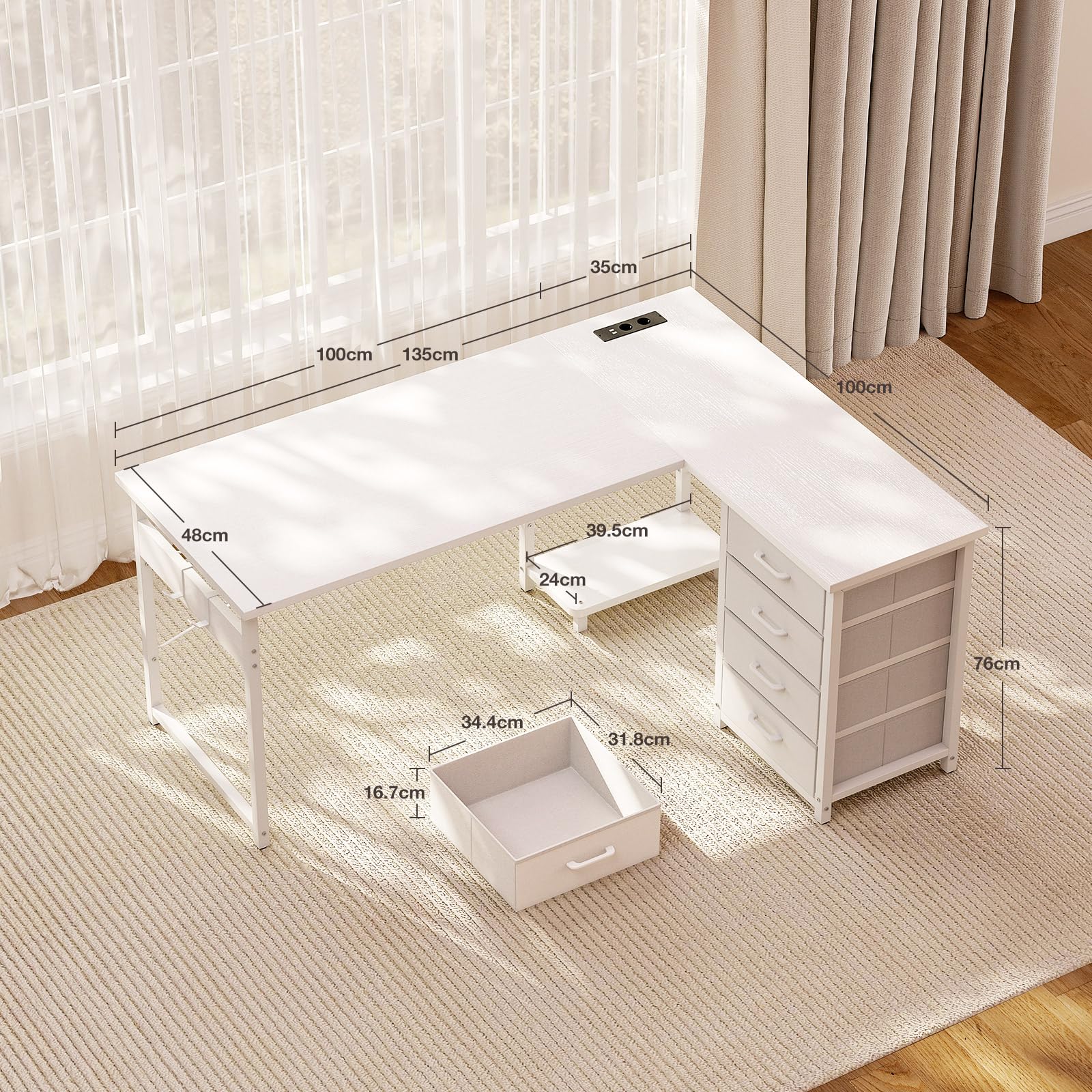 ODK Escritorio Esquinero con Cajones, 135×100 cm Escritorio en L con Enchufes y Puerto de Carga USB, Escritorio Esquina Reversible con Almacenamiento para Oficina en Casa, Blanco