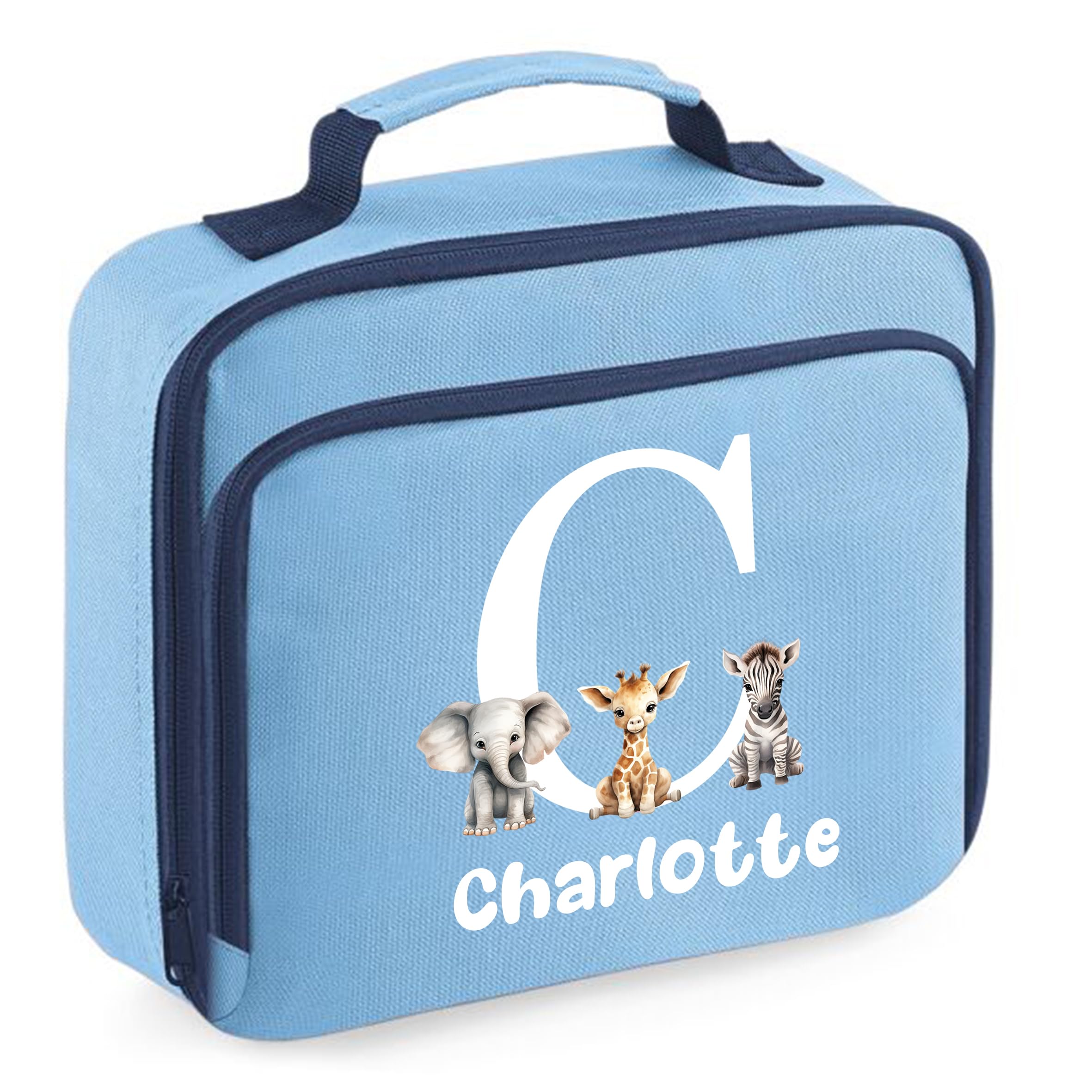 Personalised Lunch Box Bag with Initial and Name for Girls 5 Different Design Styles (Sky Blue Lunch Bag)