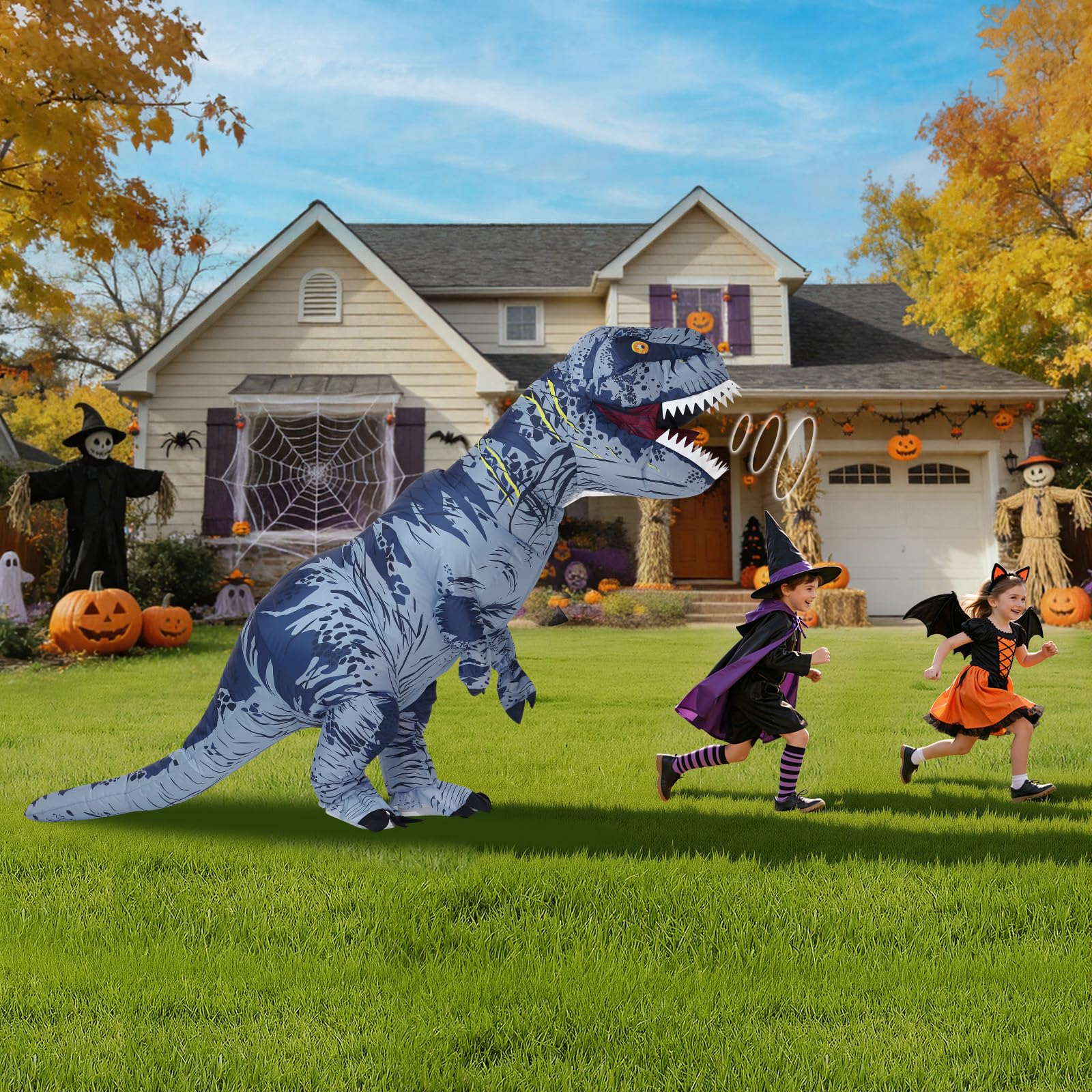 Poptrend Costume de dinosaure gonflable pour adultes, adolescents et enfants, costume de dinosaure T-Rex bleu, costume amusant pour Halloween, fête, cosplay, fête costumée, fête pour hommes et femmes