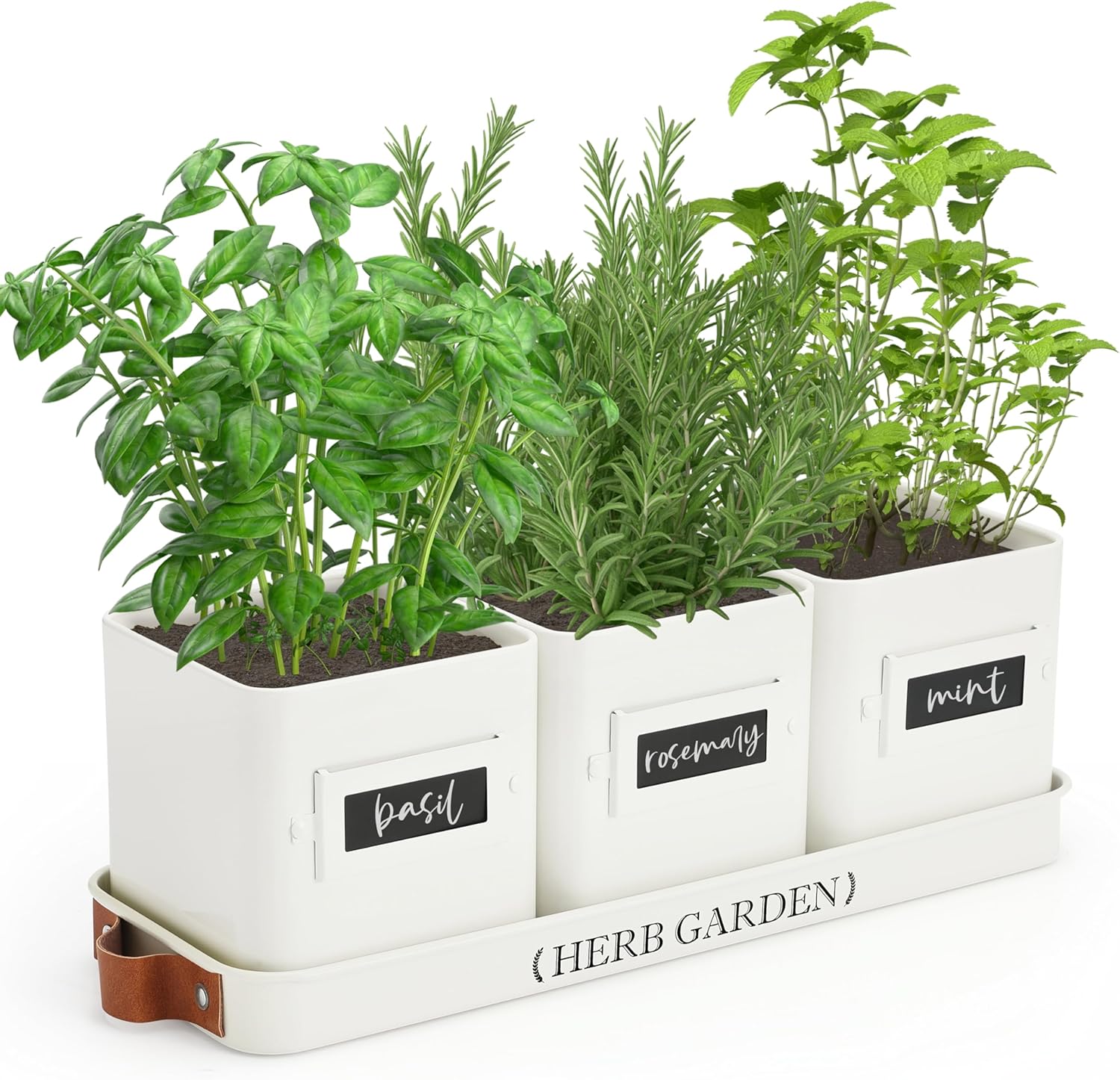 PERFNIQUE Farmhouse Indoor Herb Garden Planter Set with Tray - 3 White Metal Pots, Drainage Holes, Windowsill Herb Pots for Kitchen Indoor Outdoor