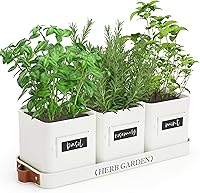 PERFNIQUE Farmhouse Indoor Herb Garden Planter Set with Tray - 3 White Metal Pots, Drainage Holes, Windowsill Herb Pots for Kitchen Indoor Outdoor