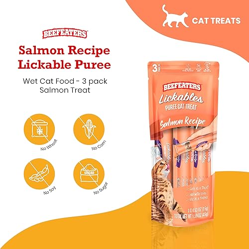 Miniatura 4 de Beefeaters Golosinas para gatos  Receta de salmón puré lamible de 1.59 onzas, caja de 12  Comida real para gatos Salmón Treat  Sin maízsojatrigo,