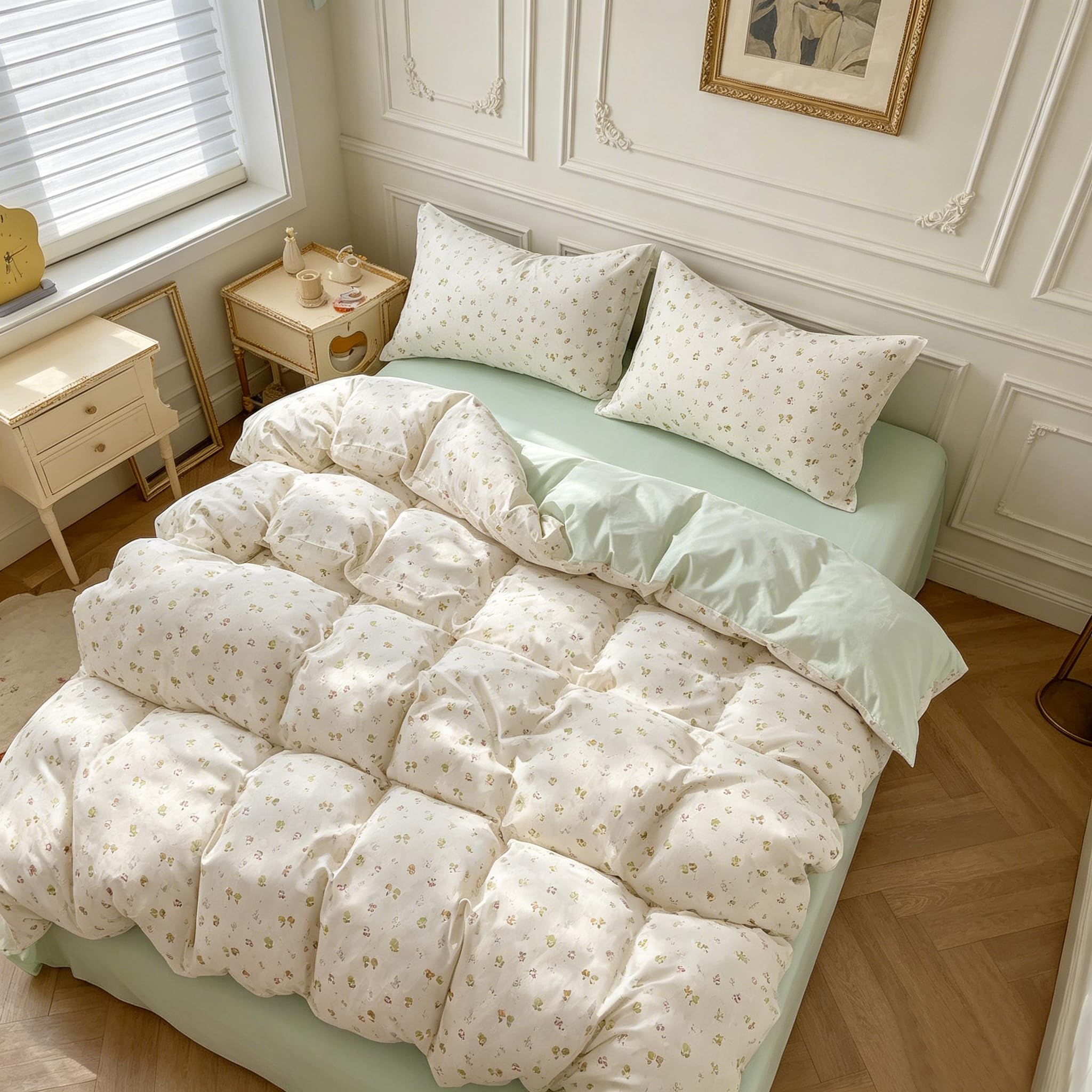 Parure de couette 260x240 cm fleurs vert menthe avec ses 2 taies d'oreiller