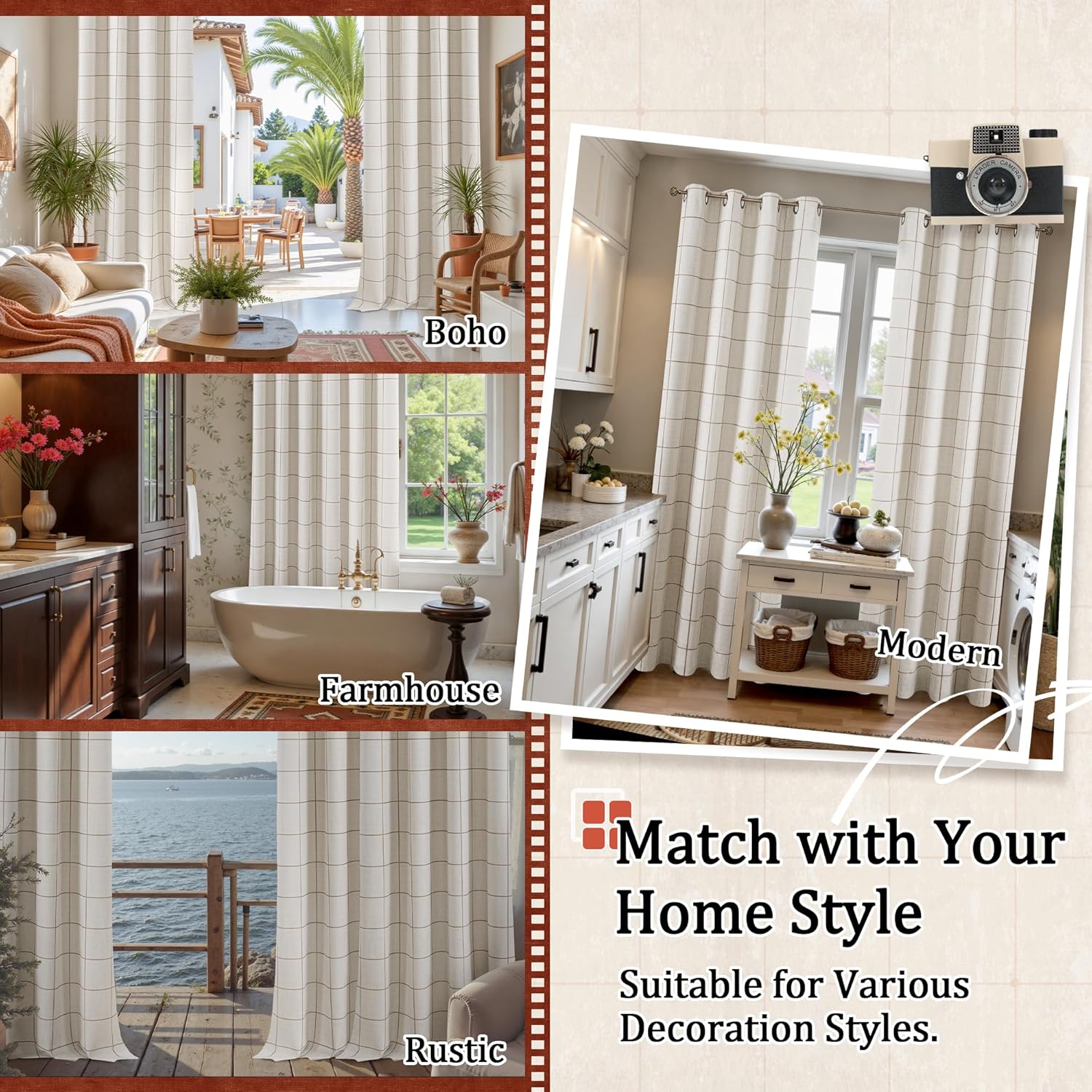 Brown Plaid Linen Blackout Curtains for Bedroom - Boho Style Curtains Thermal Insulated, Pattern Printed Rustic Drapes Cottage Window Treatments for Farmhouse, 52x63 Inch 2 Panels