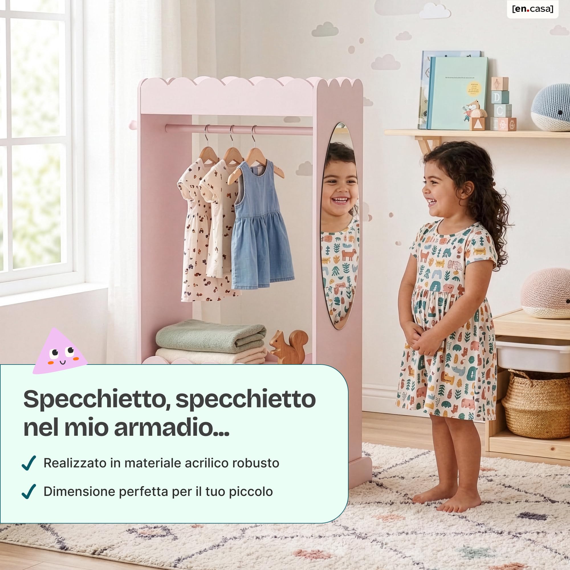 [en.casa] Armadio Guradaroba per Cameretta con Specchio Ovale Asta Appendiabiti e 2 Ripiani Vano Porta Oggetti Vestiti Scarpe a Misura di Bambini 120 x 63 x 38 cm - Rosa