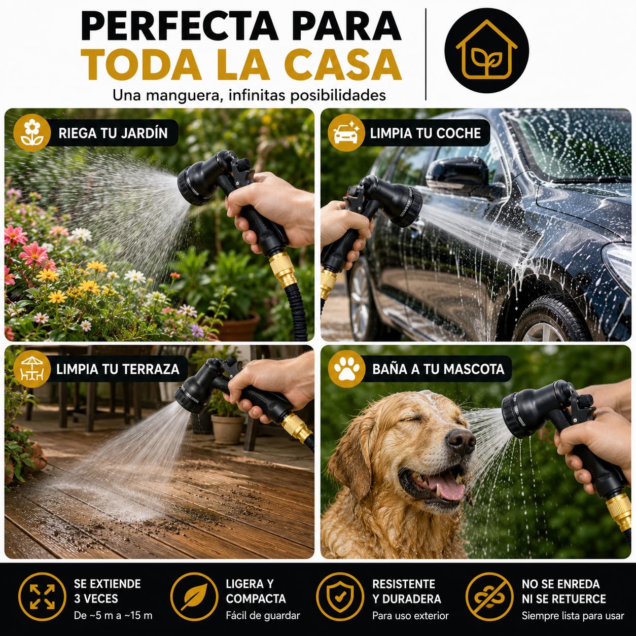 Manguera Extensible Jardín hasta 15 metros con Pistola de Riego Premium de 8 modos, Conectores de Latón 1/2 y 3/4, Resistente y duradeea. Manguera agua flexible Reforzada Antifugas Alta Presión