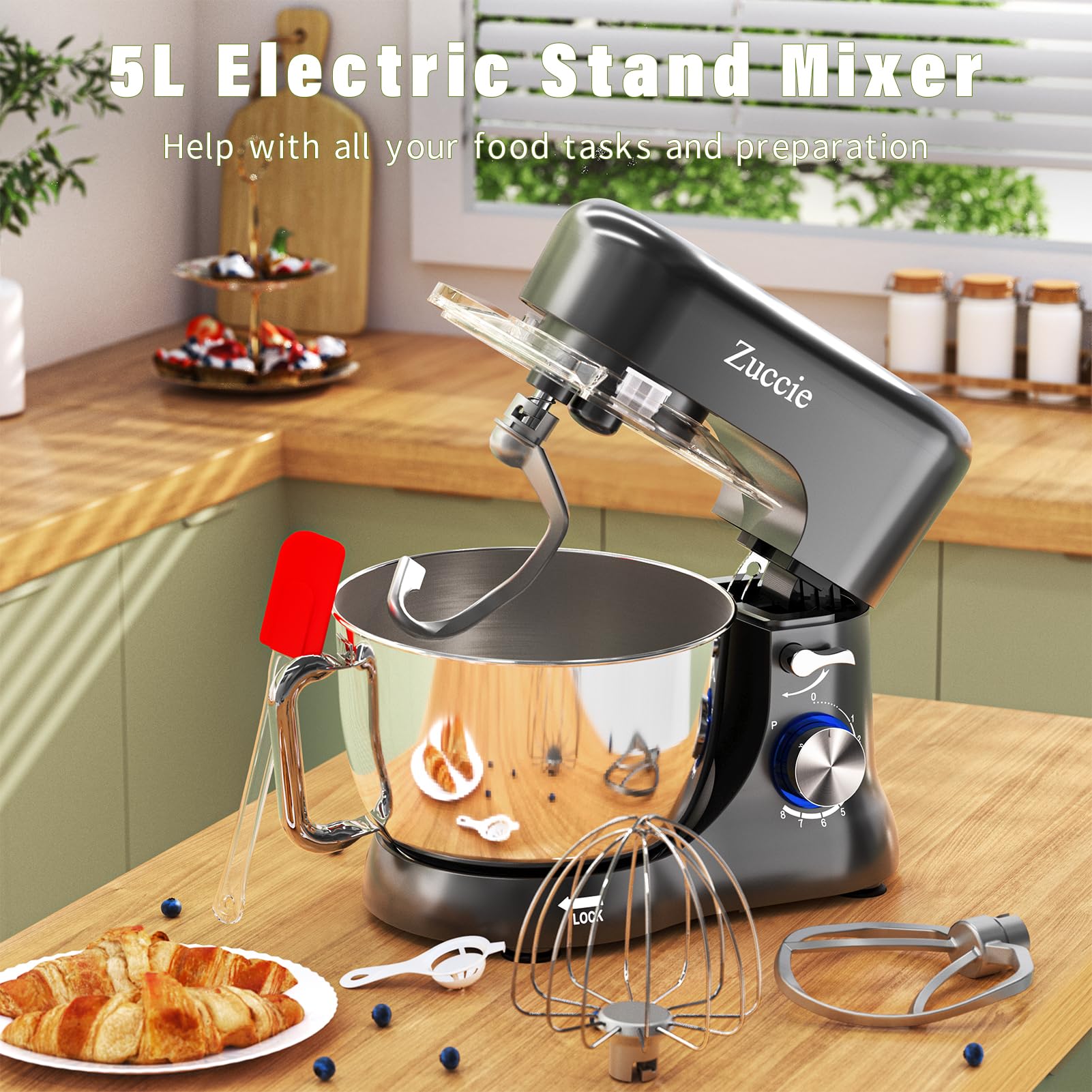 Küchenmaschine, Zuccie Knetmaschine Leise Rührmaschine inkl 5L Edelstahlschüssel 3-Rührwerkzeuge Spritzschutz Teigschaber und Eiertrenner, 8+P Geschwindigkeit Teigmaschine