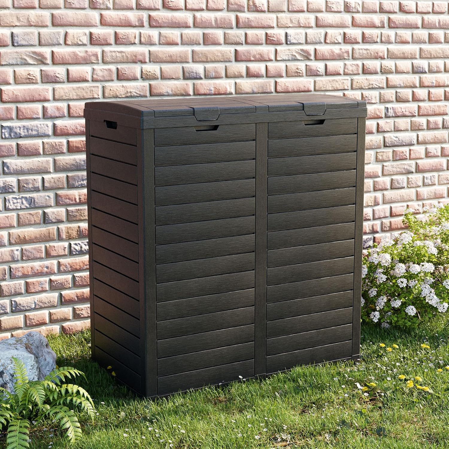 Outdoor Trash Can with Lid, Outdoor Trash Bin & Pull-Out Liquid Drawer, Dual Lid Closure Design, Waterproof Resin Garbage Can Container for Patio, Backyard, Deck (Black, 76 Gallon)