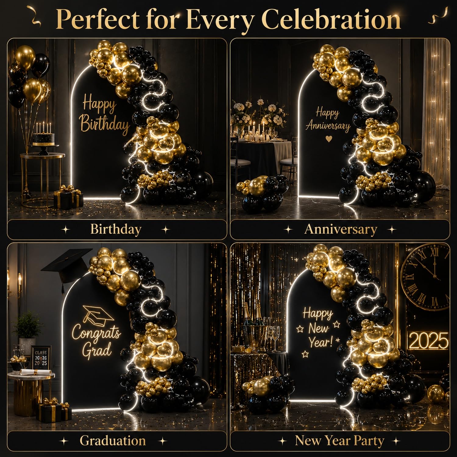 144 palloncini grandi neri e oro con striscia luminosa 45,7 cm, 25,4 cm, in lattice, per compleanno, pensionamento, matrimonio, Capodanno, laurea, baby shower, feste di sfondo, decorazioni
