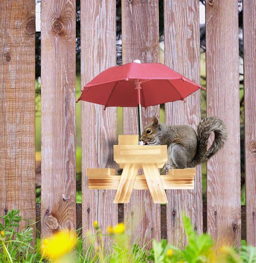 NCONCO Squirrel Feeder, Wooden Picnic Table With Umbrella & Corn Cob Holder, Easy To Fill Peanuts & Nuts, Ideal For Squirrel Lovers
