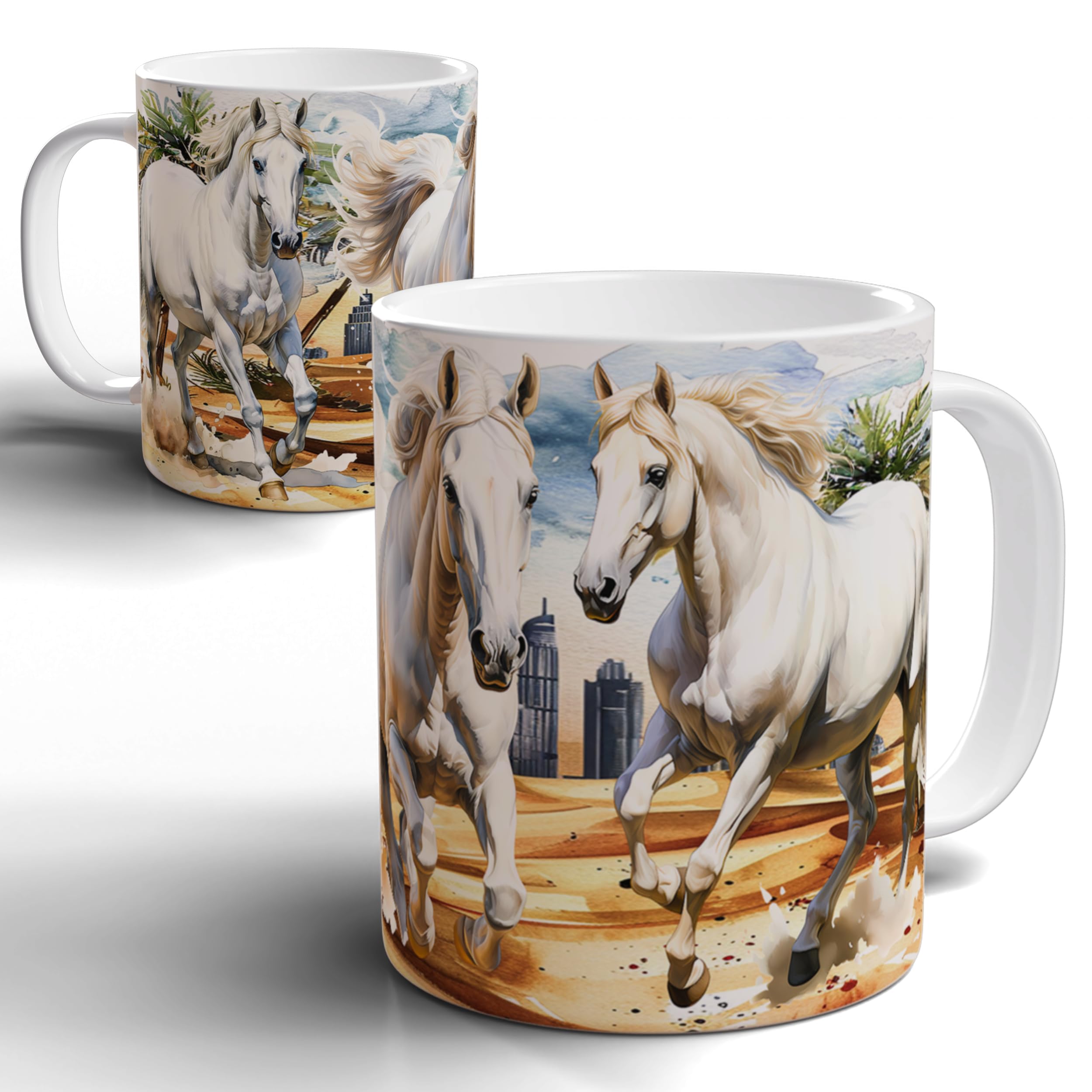 Dynamic Watercolor Horse Mug – 11oz Ceramic Coffee Cup with Running White Horses in Desert, Dubai Skyscrapers, Palm Trees, Great Gift for Horse Lovers and Equestrian Enthusiasts