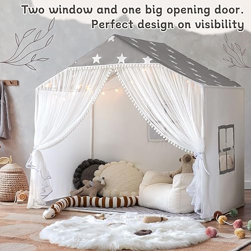 Miniatura 7 de Tienda de campaña para niños con alfombra, tienda de campaña grande con cortinas de puerta de pompones, casa de juegos para niños para niñas y