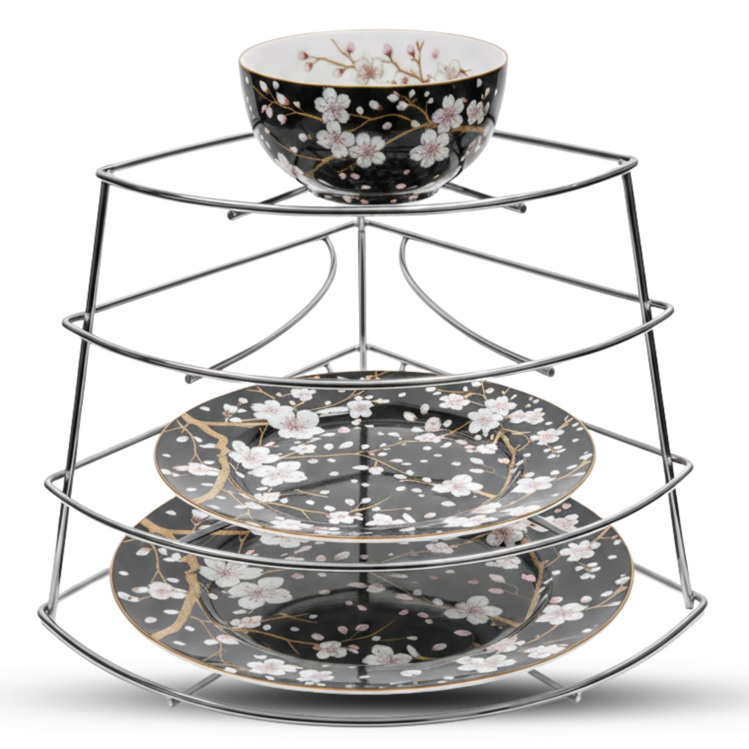 Unique Crafts Silver Premium 4-Tier Corner Plate Rack Kitchen Cupboard Storage Organiser Black Dish Stacker & Plate Shelf Stand Space-Saving Cabinet Organiser For Small & Large Plates (23Cm) (Silver)