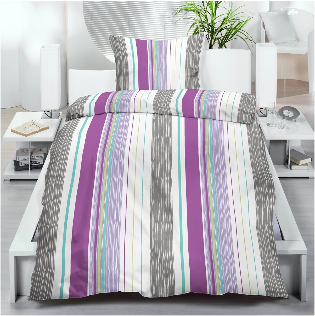 Microfibre Bed Linen 135 x 200 cm Set of 2 or 4 Piece Bed Sheet Set – White/Multi-Coloured Stripes, Microfibre, stripes, 2-teiliges Set