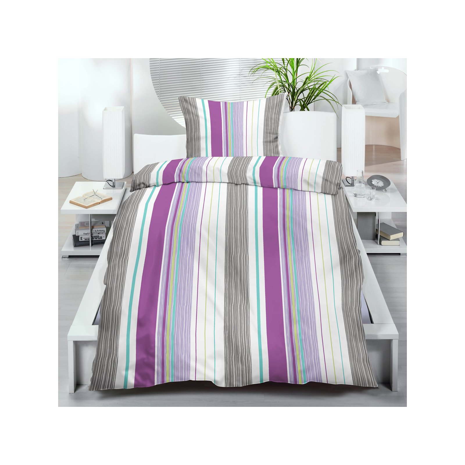 Microfibre Bed Linen 135 x 200 cm Set of 2 or 4 Piece Bed Sheet Set – White/Multi-Coloured Stripes, Microfibre, stripes, 2-teiliges Set