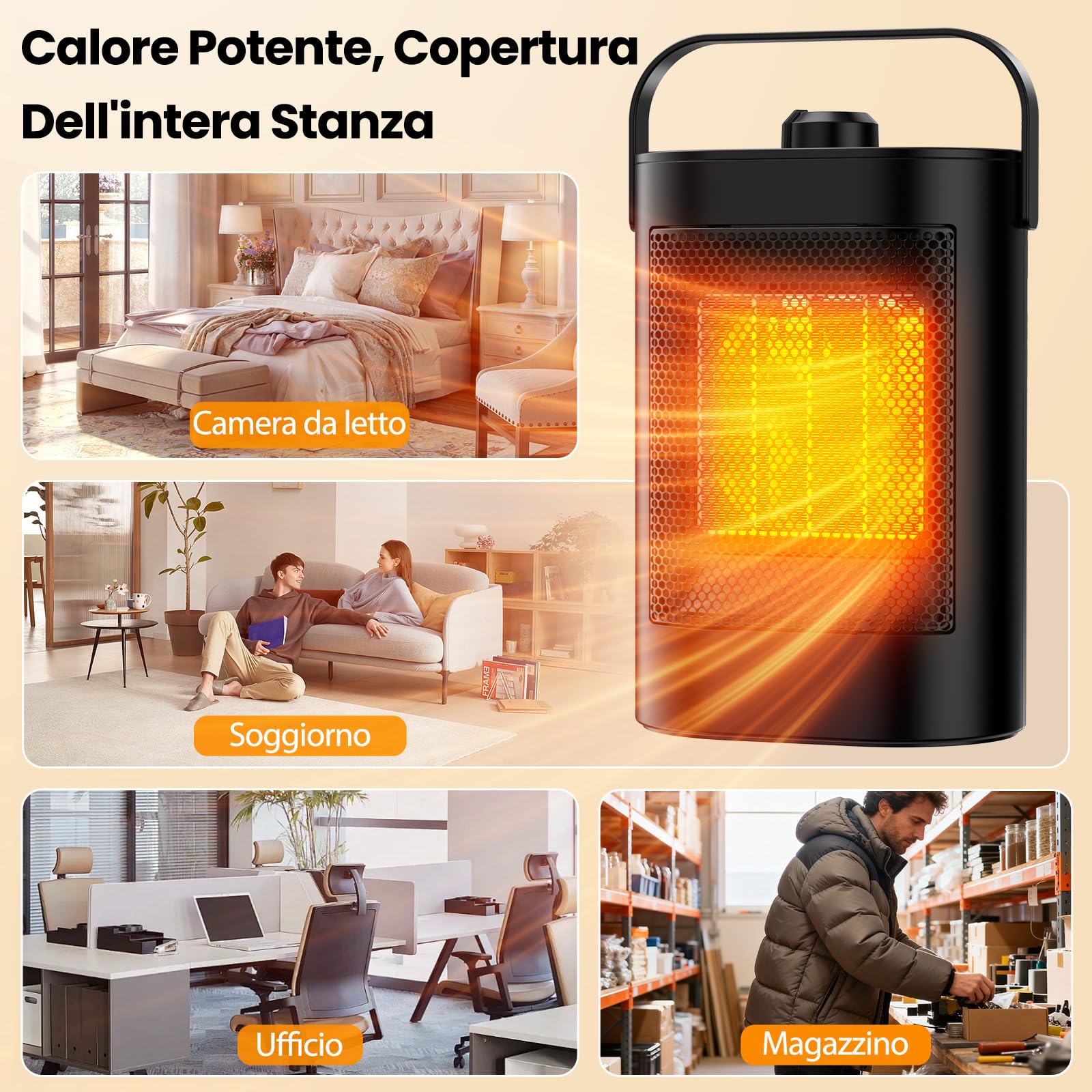 Stufetta Elettrica Basso Consumo 1500W per Uso Domestico, 3 modalità, in Ceramica PTC, Protezione da Surriscaldamento e Ribaltamento, Stufe Elettriche Portatile per Soggiorni, Uffici