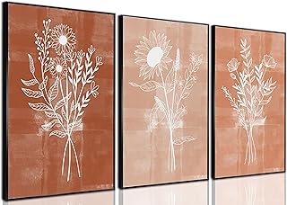 3Pcs Terracotta Floral Canvas Wall Art Mid-Century Flowers Bouquet Pictu...