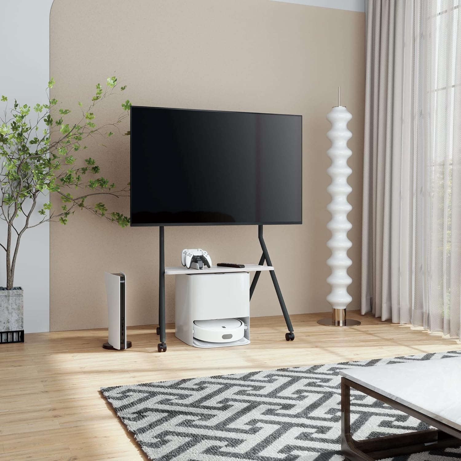 FITUEYES Design Mobile TV Stand for 55 60 65 75 78 Inch TV, Rolling TV Cart Floor Stand with Mount for Living Room Office Hotel, Modern Corner TV Stand with Wooden Storage Shelves, Collector Series