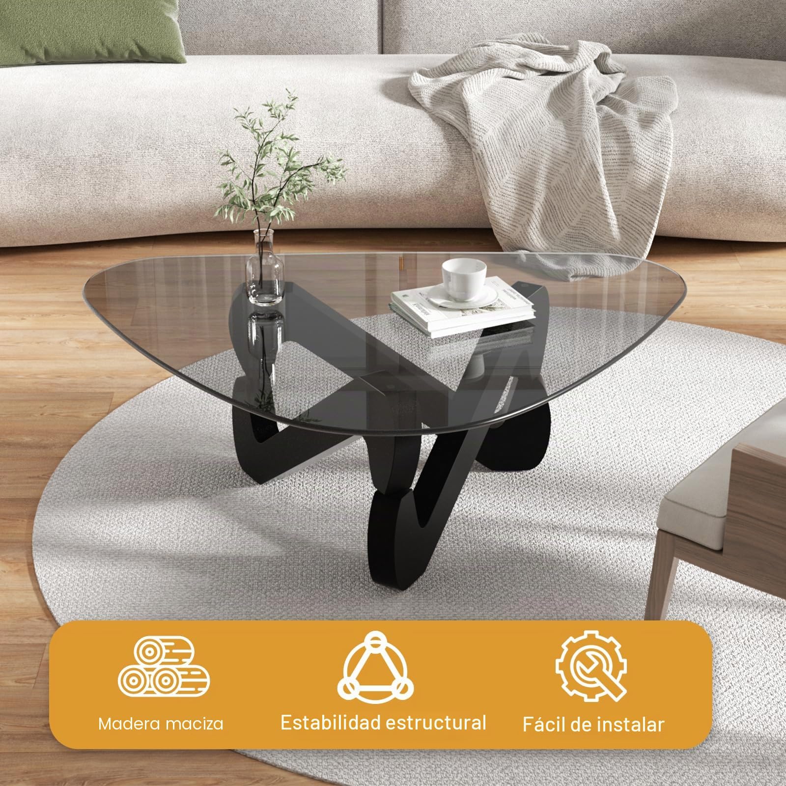 Mesa de centro de cristal triangular, mesa de centro moderna con base triangular de madera maciza y vidrio templado grueso, mesa auxiliar, mesa de café elegante para sala de estar oficina, 82 x 57 x