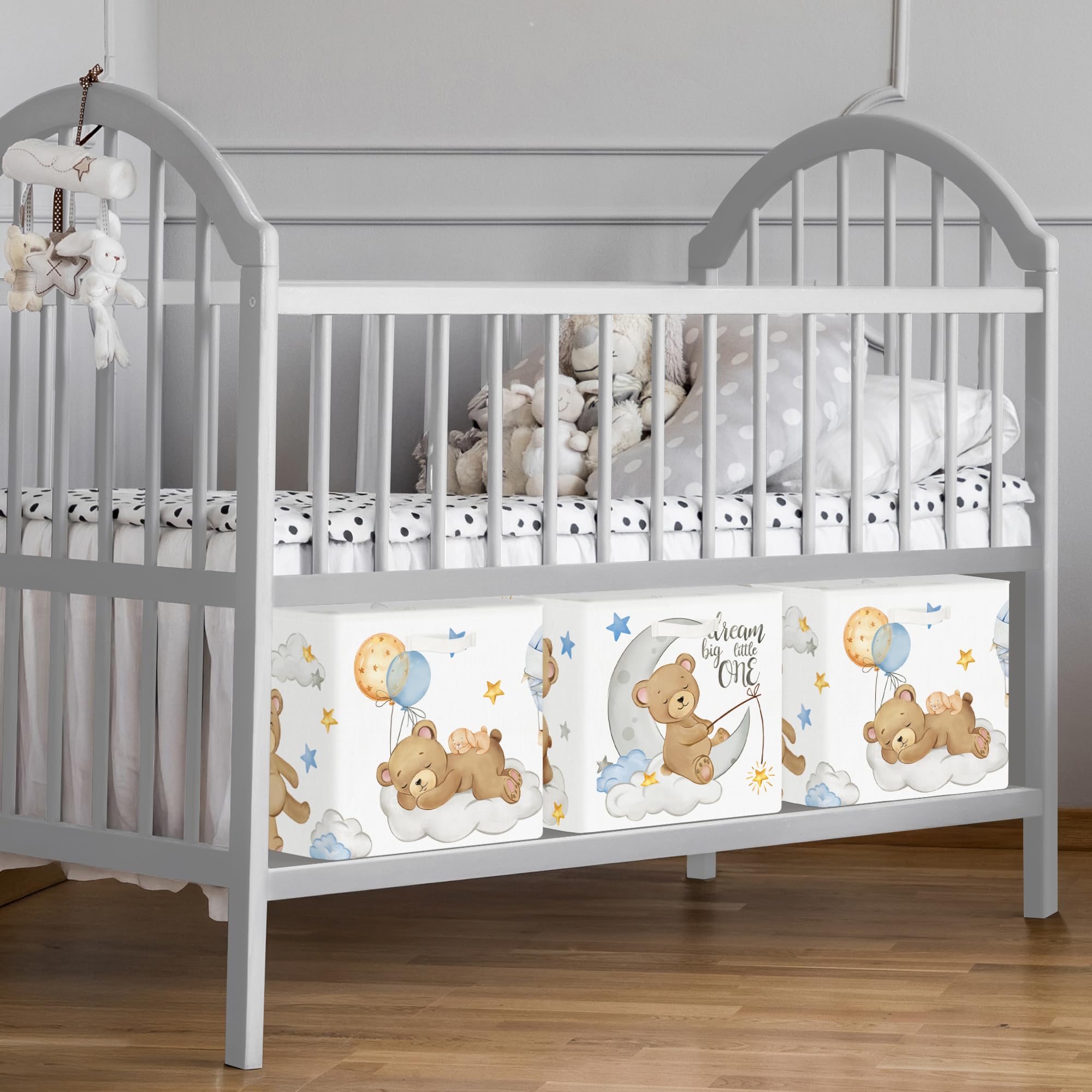 HUUMONSS 11.8" Sleeping Animals Storage Cube Organizer Set 3Pcs Clothes Storage Basket Bin for Closet Shelf Bear Stars Balloon Nursery Kid Room Book Toy Chest - Image 4