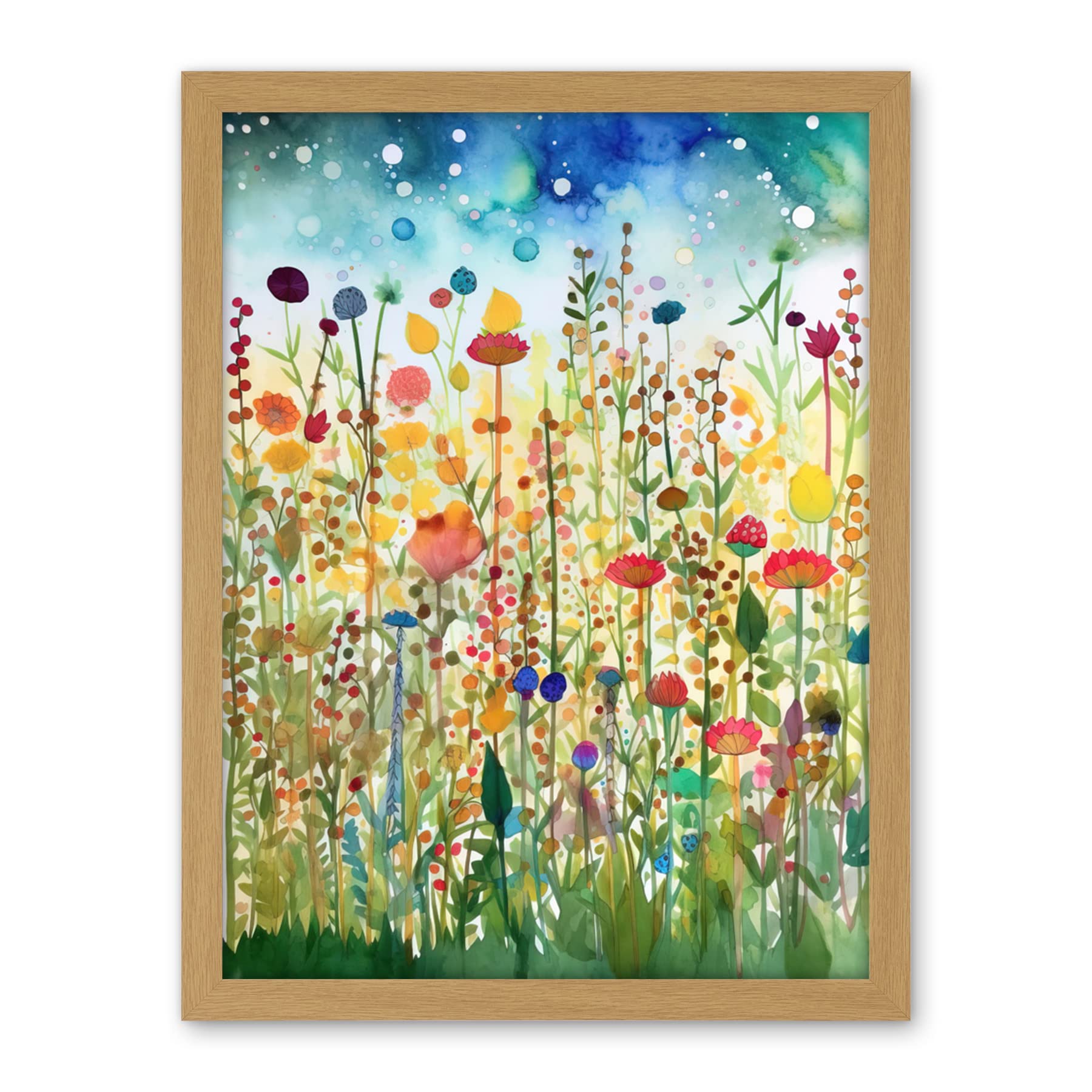Artery8 Wildflower Meadow Folk Art Artwork Framed Wall Art Print 18X24 Inch