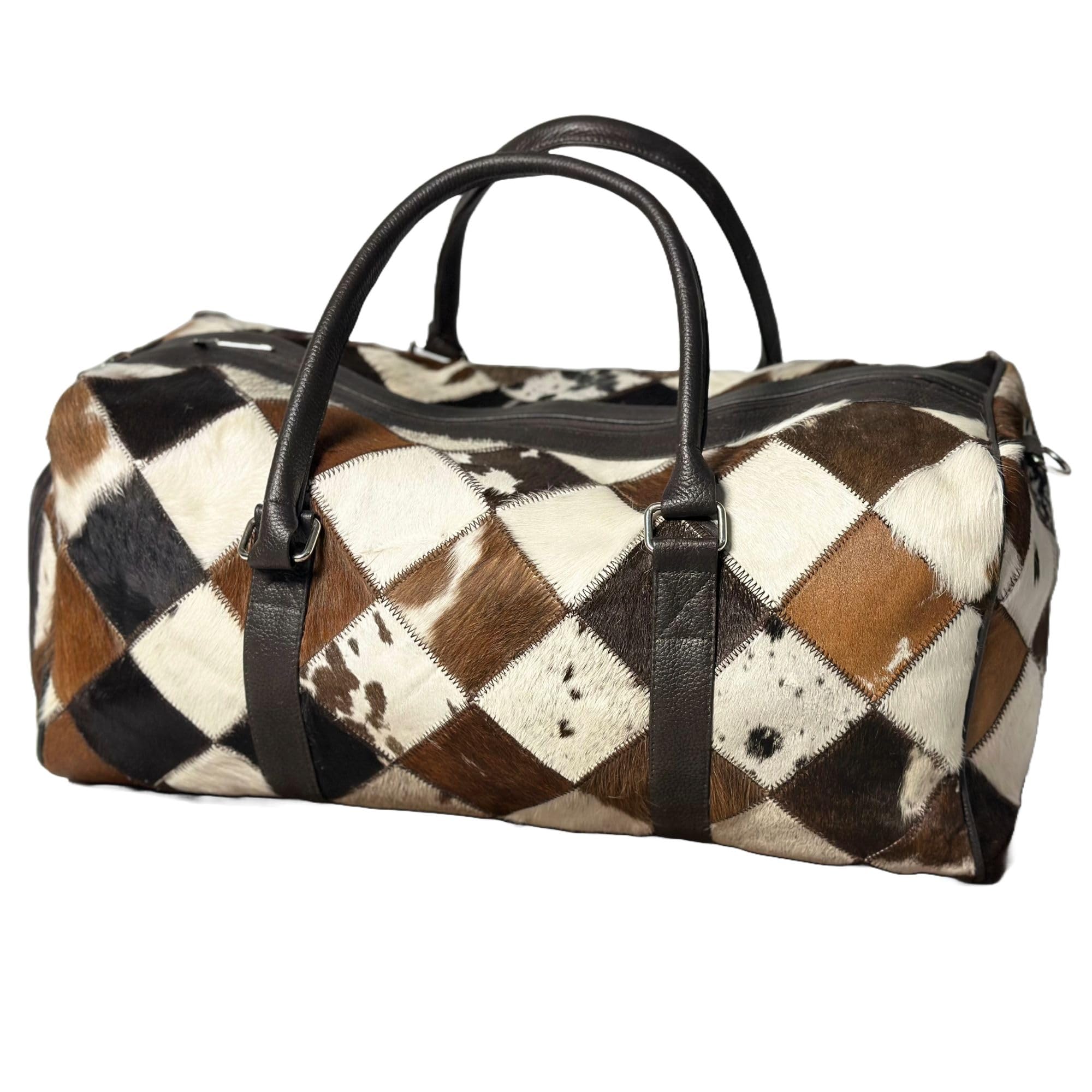 Cowhide Extra Large Duffel Bag, Tricolor Cowhide Bag Travel Bag Gym Bag Weekender Overnight Bag Premium Quality