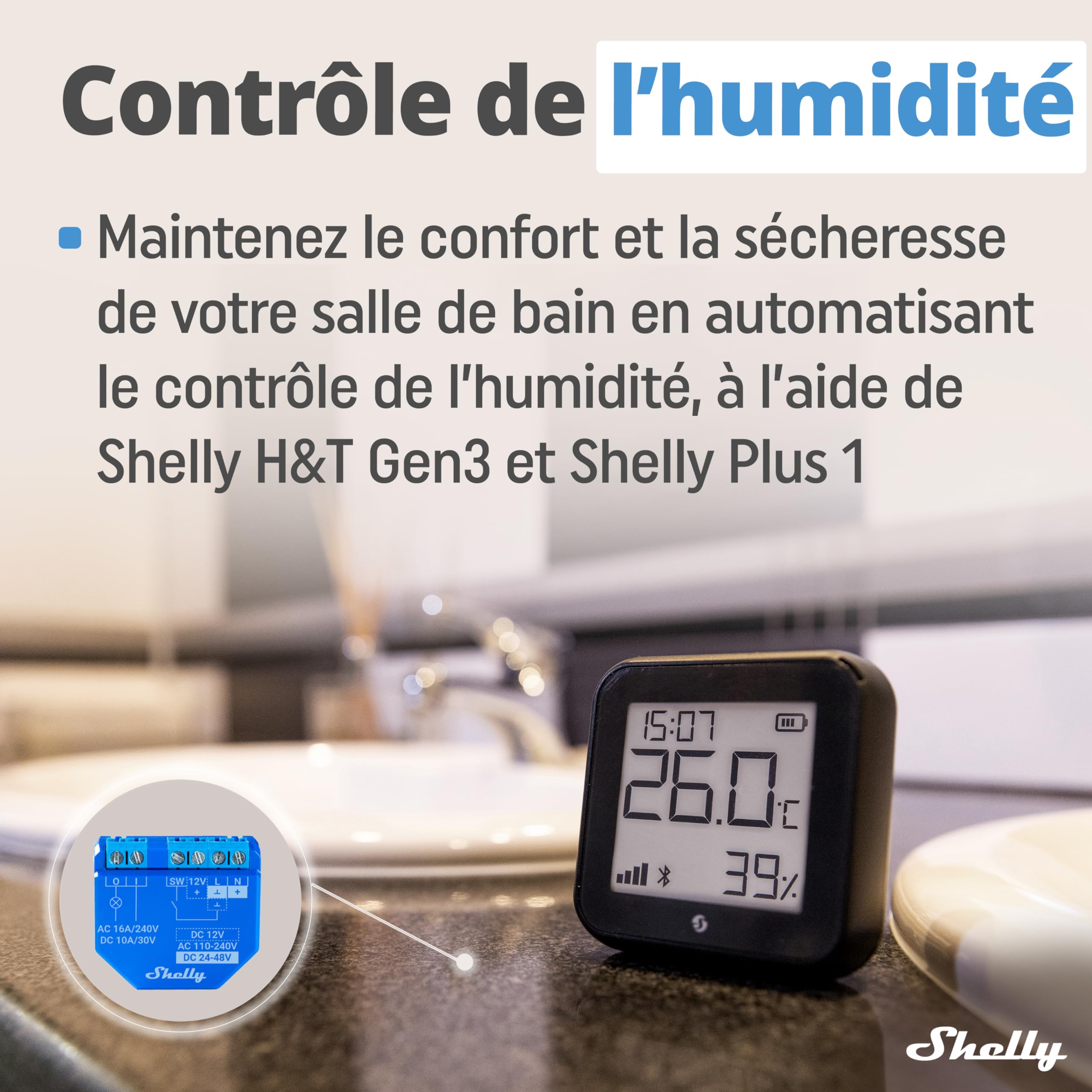 Shelly H&T Gen3 Noir Capteur de température et d'humidité connecté Wi-Fi Thermomètre Hygromètre intérieur extérieur Écran eink Horloge digitale