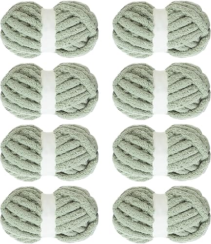 MABOZOO Paquete de 8 hilos gruesos para tejer a ganchillo, hilo de felpilla esponjoso verde salvia, hilo de felpa suave voluminoso, hilo gigante