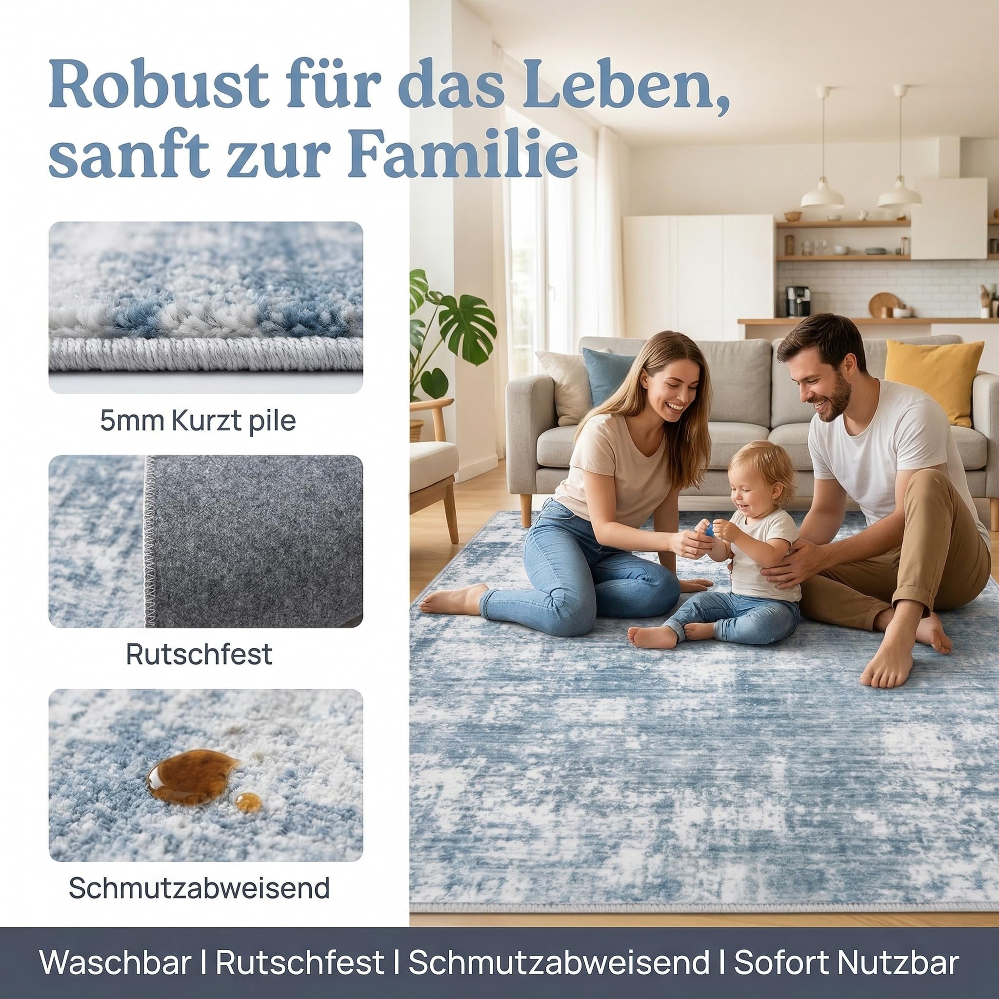 Tappeto Salotto Moderno Astratto Pelo Corto, Grigio blu, 120x160cm | Tappeti in Lana Sintetica Grandi Antiscivolo Lavabile in Lavatrice per Camera da Letto, Soggiorno