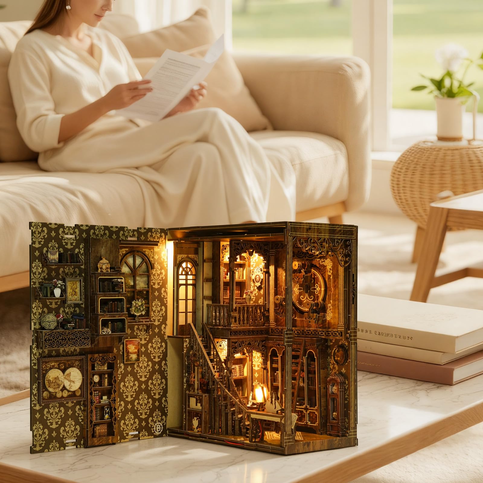 Book Nook Kit en Madera, Kit de Casa Miniatura con Luz LED, Kit DIY Book Nook, Decoración de Estantería, Idea Regalo Creativa para Adultos y Adolescentes a Partir de 14 Años