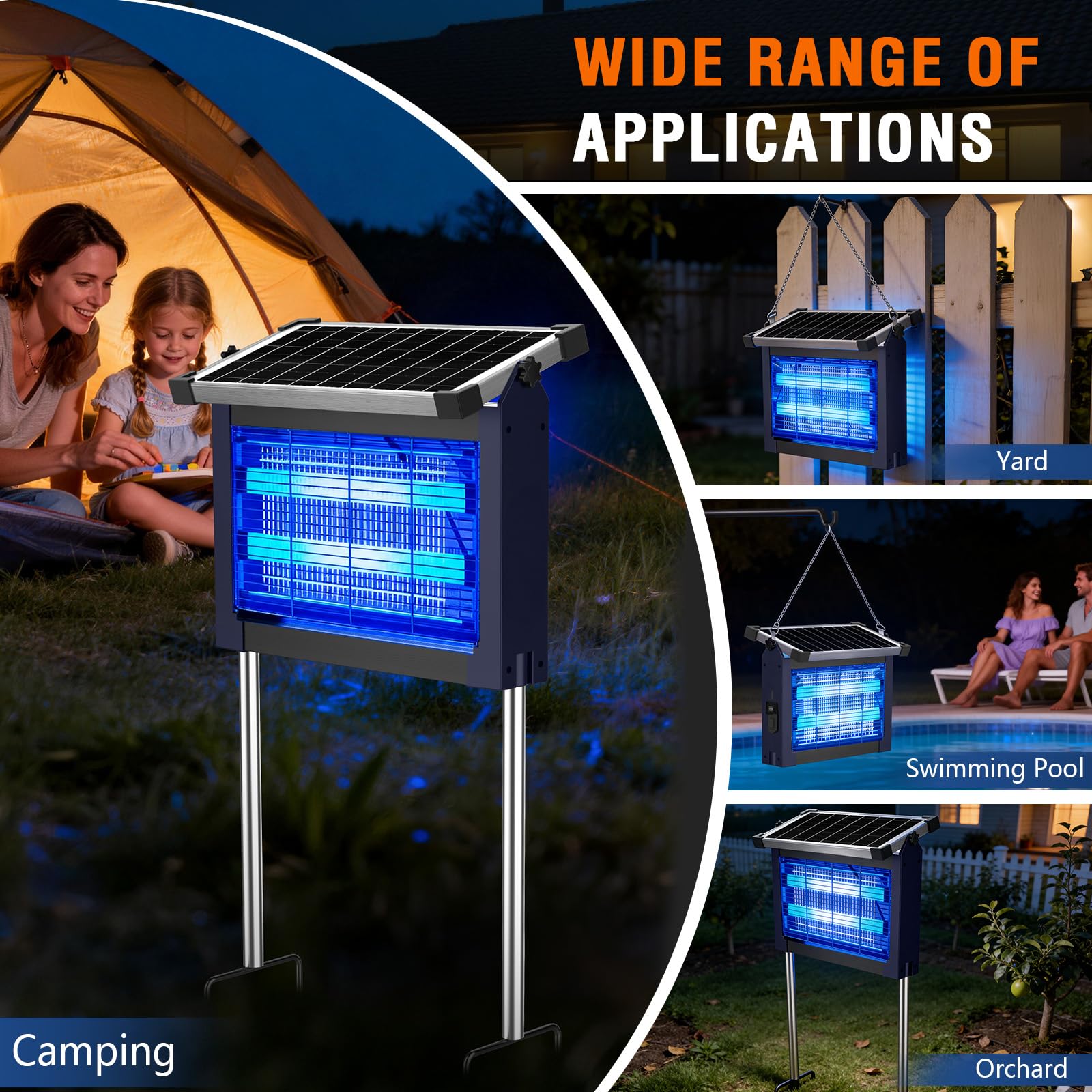 Solar Bug Zapper Outdoor, 4500V Wiederaufladbarer Wasserdichter Mückenvernichter mit Solarpanel Sensor, Elektrische Fliegenfalle, 3.0 m Kabel, Kabelloser Insektenvernichter für Terrasse Hof