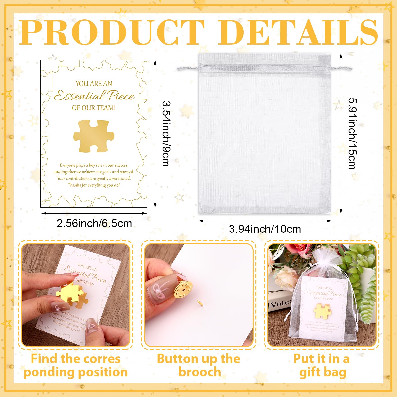 24/48 Sets Staff Appreciation Small Gifts Bulk - Puzzle Piece Lapel Pins Thank You Cards Organza Bags,Employee of the Month Associate Recognition Holiday Gifts for Teacher Nurse Team (24) - Image 3