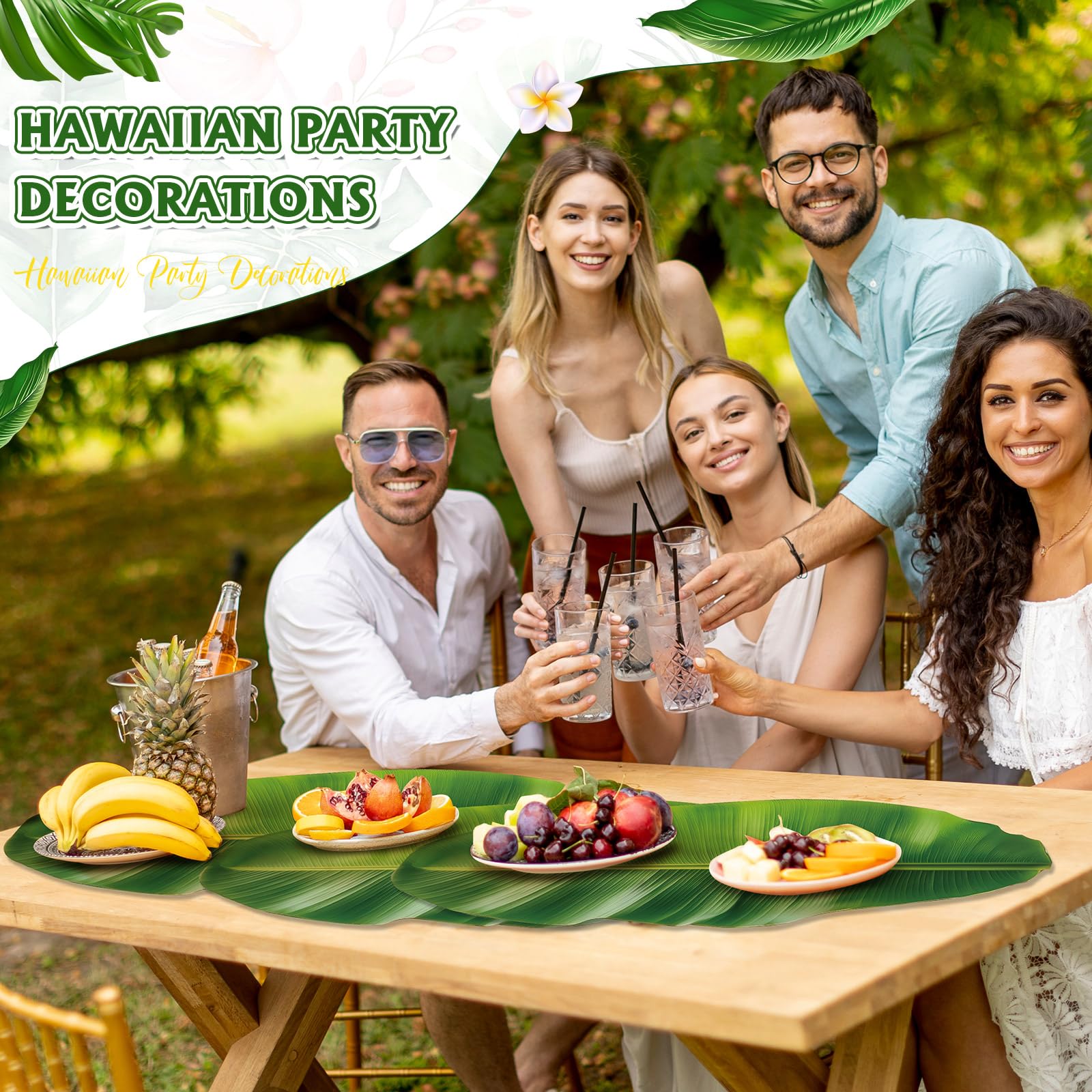 Tinlade 30 hojas de plátano, hojas de papel de pergamino, hojas de plátano artificiales tropicales para cocinar, tabla de charcutería para servir alimentos, decoración de fiesta hawaiana, centros de