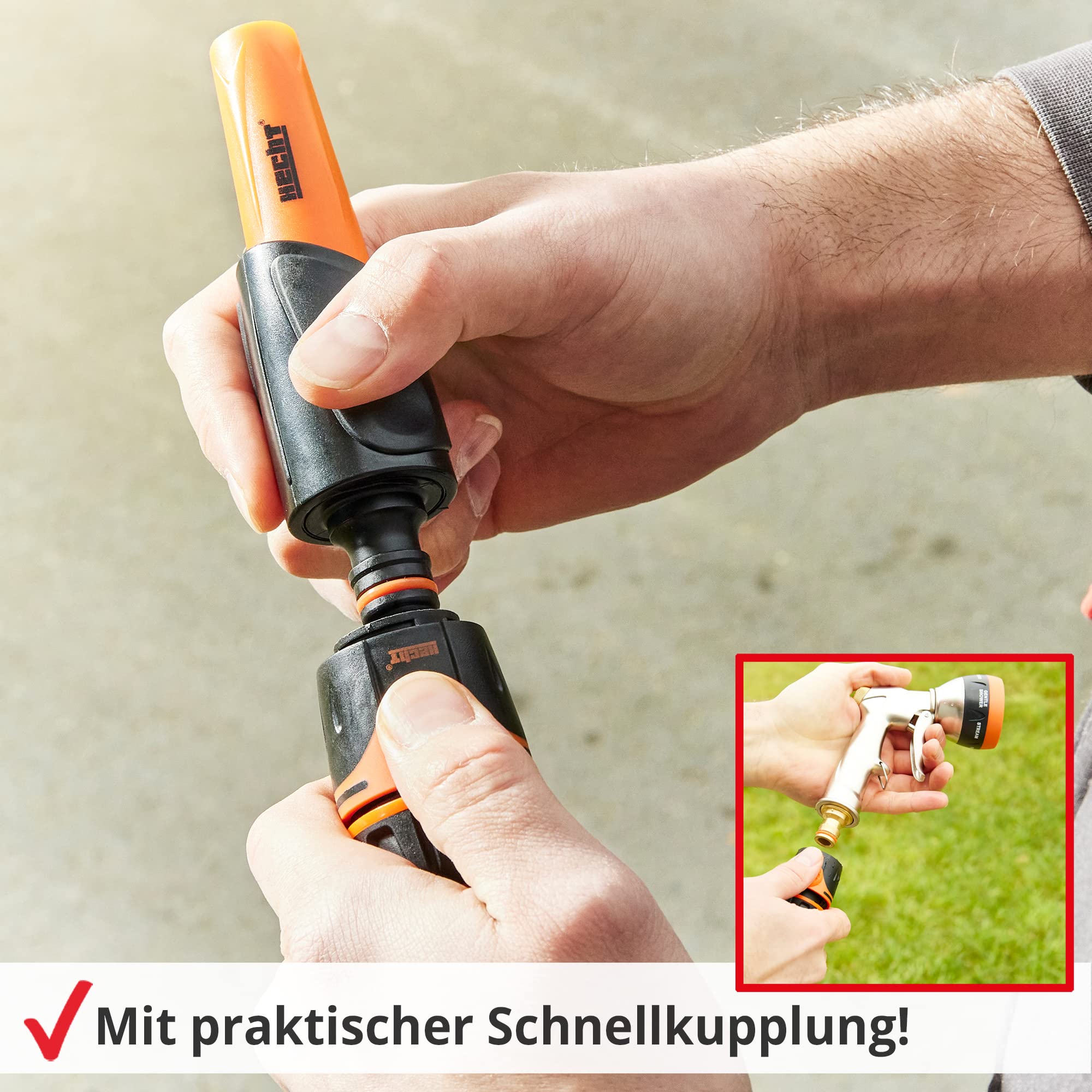 HECHT Automatik Wand-Schlauchtrommel 20+2 m – mit Metall-Gartenbrause | Inkl. Gartenschlauch, Wandhalterung, Schnellkupplung, Gartenspritze & Metall-Gartenbrause – für Gartenbewässerung
