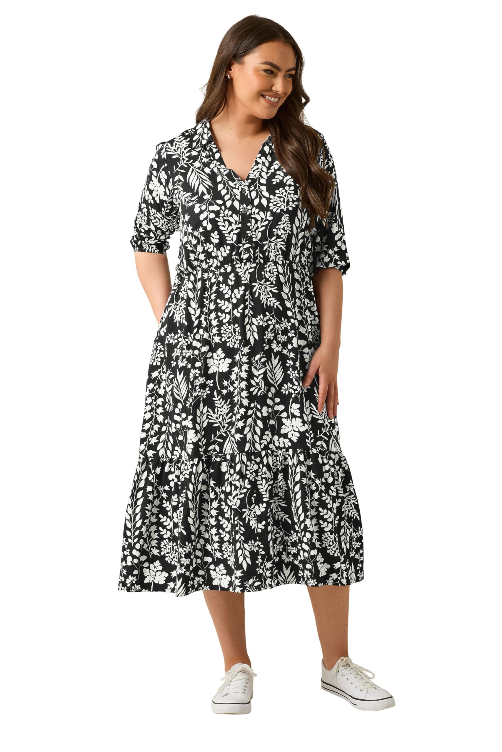 Evans Women's Black Plus & White Floral Print Shirt Dress Size 16