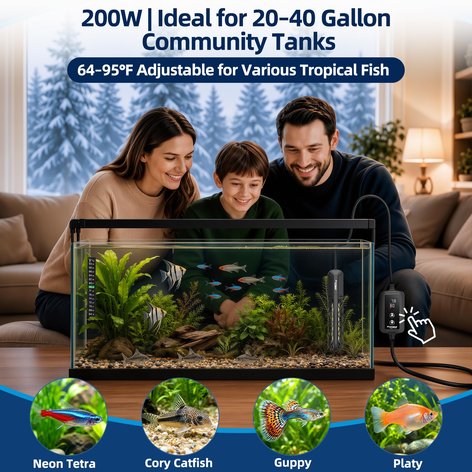 FREESEA Chauffage d'aquarium pour aquarium : 100 W/200 W/300 W/500 W - Chauffage submersible pour aquarium avec protection contre la surchauffe et hors de l'eau pour eau salée et eau douce 20