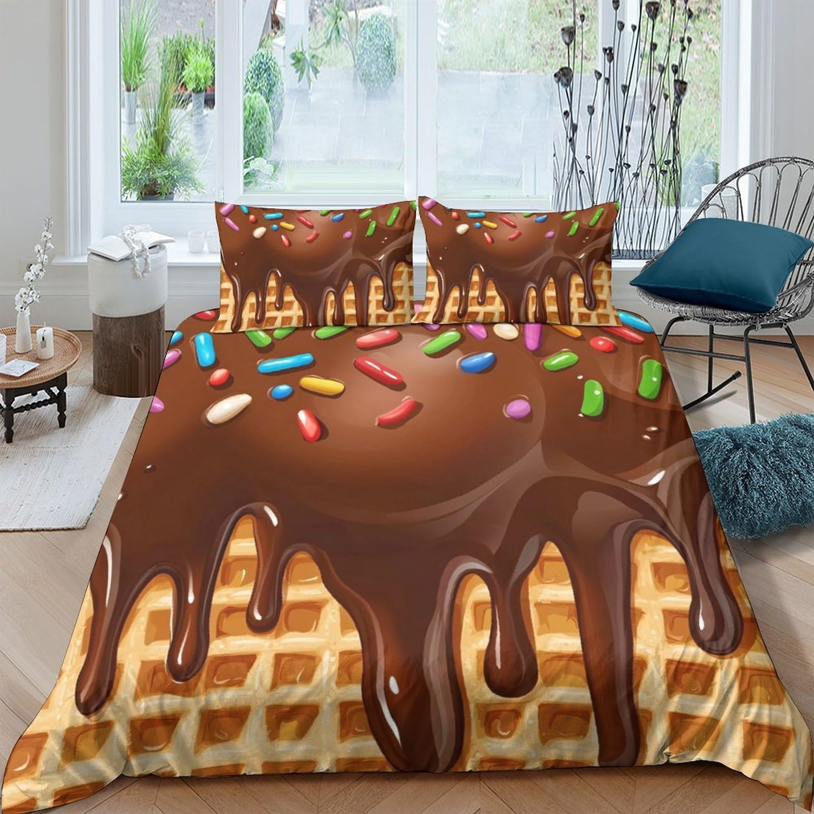 Ctjqhvkz Style-6 3D Printed Chocolate Waffle Fitted Sheet Microfiber Dripping Candy Sprinkles Mattress Cover For Bedroom Dorm Decor Single（135X200cm）