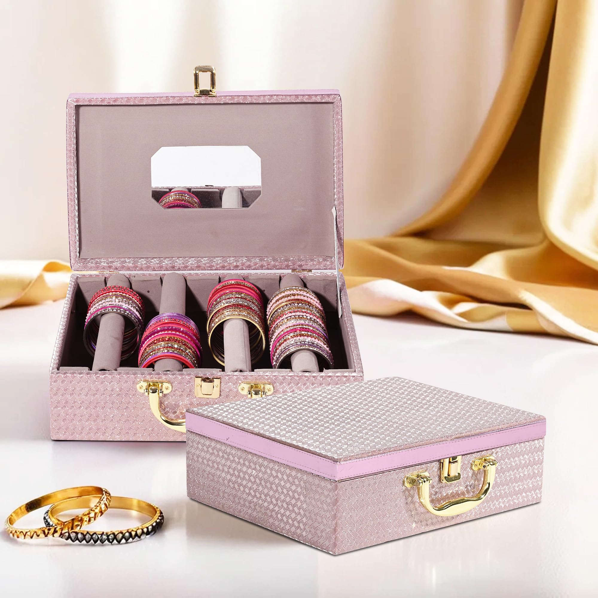 Kuber Industries Women's Peach Pack Of 2 Wooden Bangle Organizers Storage Box With Gold Handle For | 4 Rod Bridal Fancy Chudi Box/Chuda Holder & Jewellery Case | Shining Leaser Foil