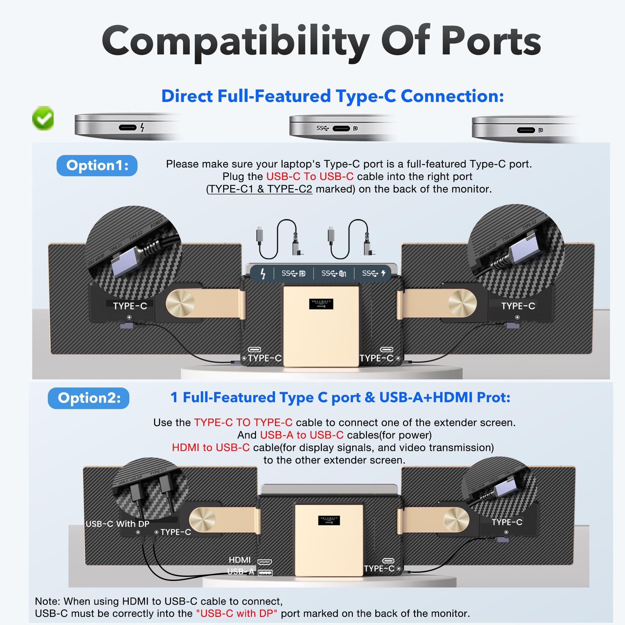 Kwumsy Monitor Portatile Per Laptop-15.6'' Schermo Portatile Per Laptop Adatto A Tutte Le Dimensioni Di Laptop, Triplo Monitor Con Ruotabile 90°-235°&Plug And Play Per Wins/Mac/PC(Tipo-C/HDMI/H5-T)