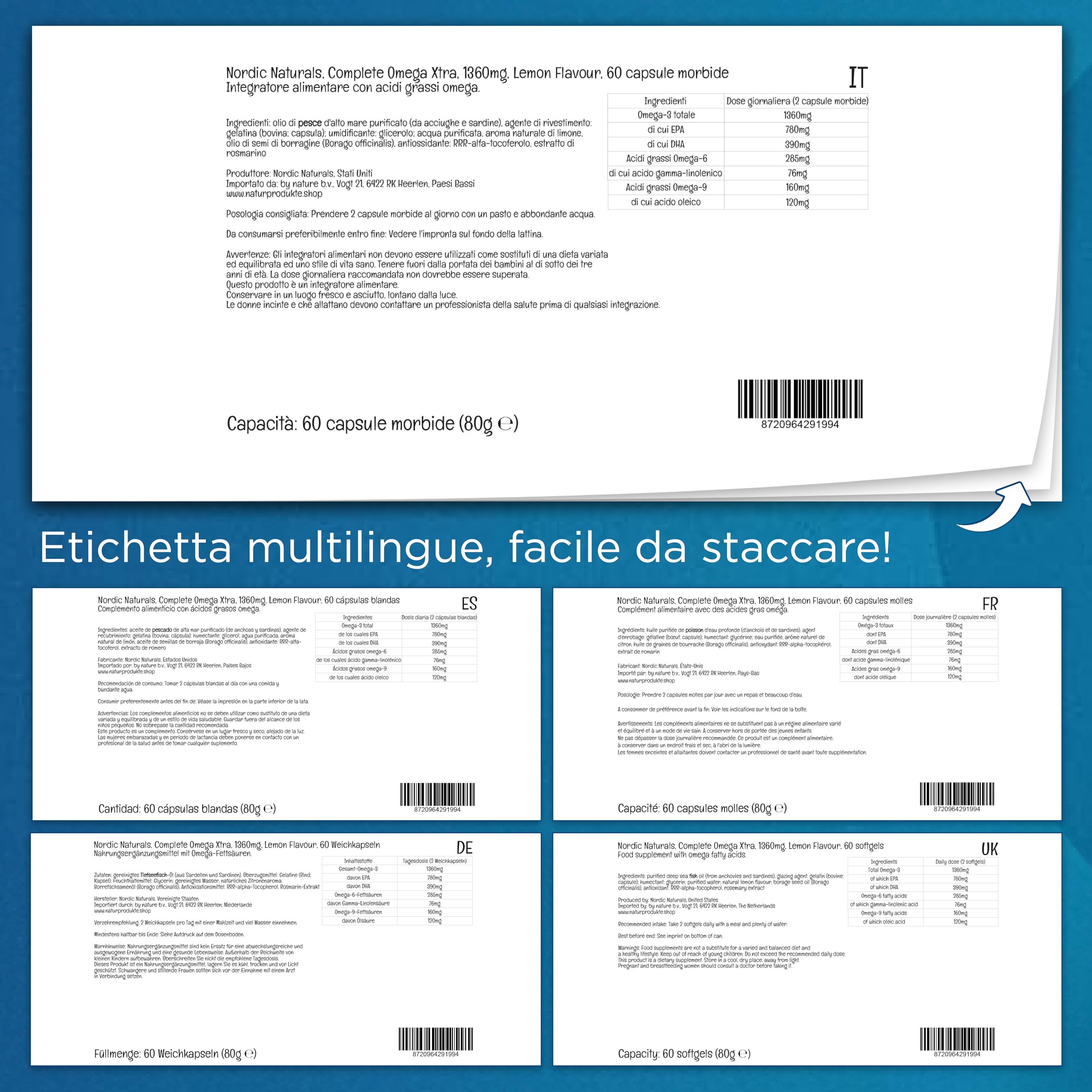 Nordic Naturals Complete Omega Xtra, 1360 mg, Con olio di borragine e GLA, 60 Capsule morbide, Gusto limone, Testato in Laboratorio, Senza Soia, Senza Glutine, Non OGM