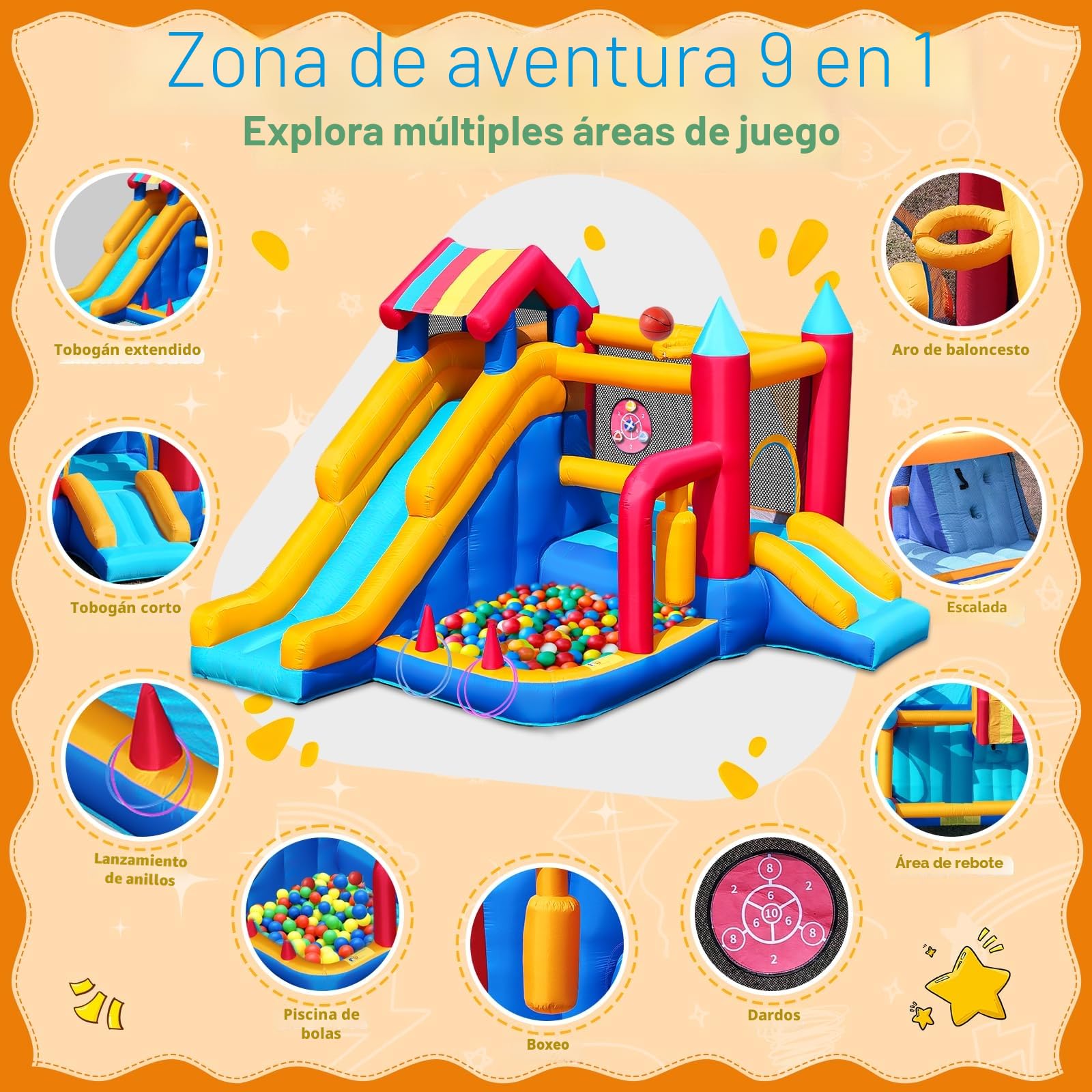 Castillo Hinchable para Niños, FOOING 9 en 1 Casa Inflables con Soplador de Aire, Trampolín, Tobogán, Estante Baloncesto, Pared Escalada, Casa Inflable Interior al Aire Libre para Fiesta Cumpleaños