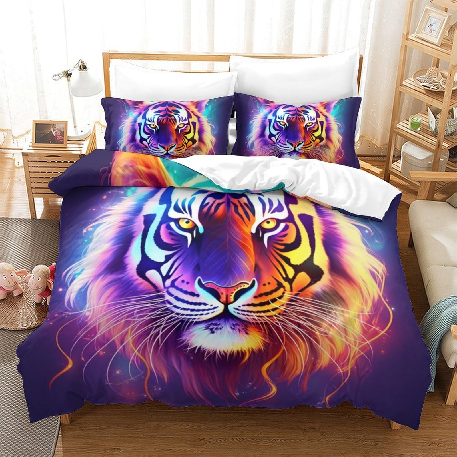 Housse de couette tigre anti-plis et facile d'entretien pour grand lit 260x220