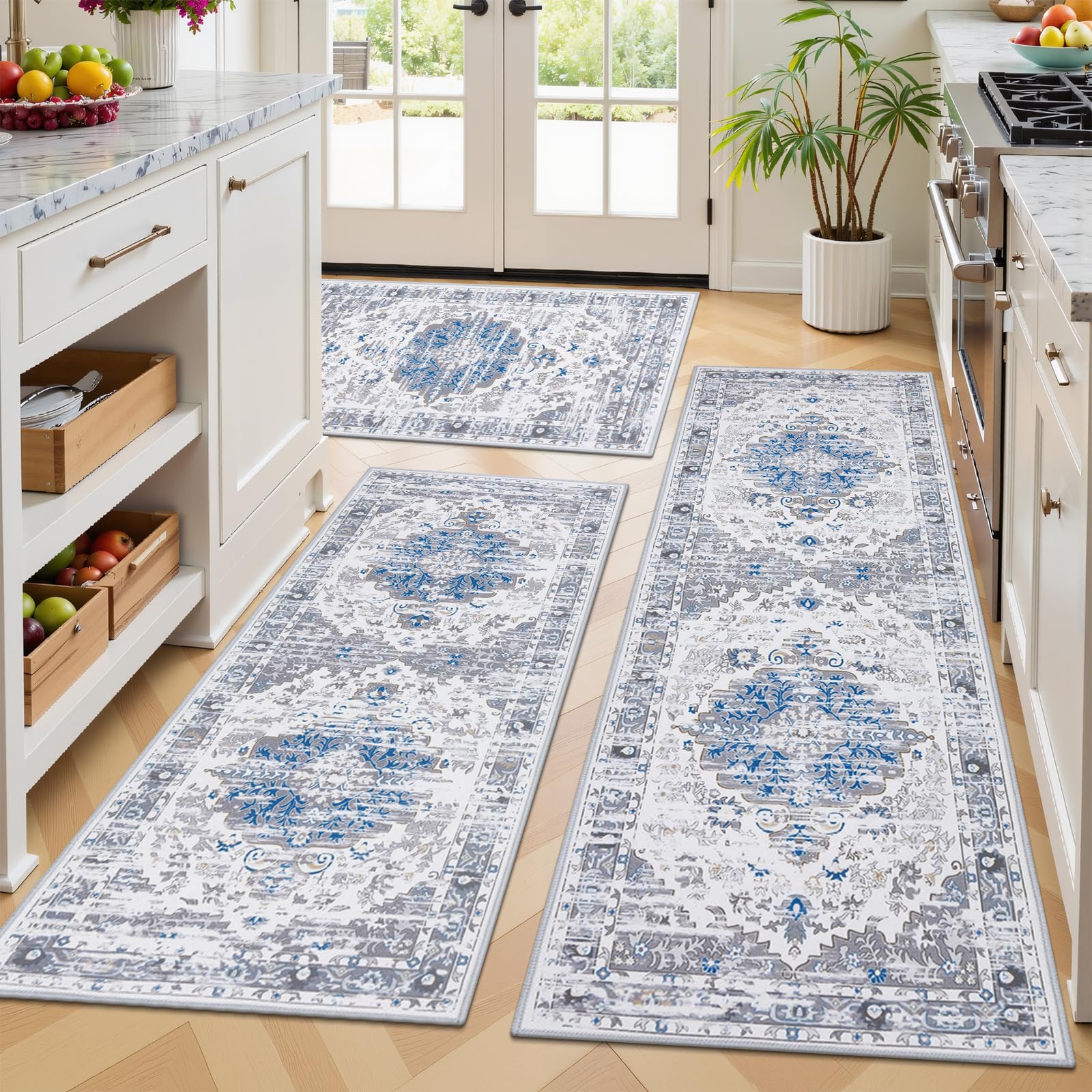 Ileading Boho Kitchen Rugs Set of 3 Washable Kitchen Mats for Floor Non Skid Farmhouse Floor Carpet for Kitchen Hallway Laundry Room,Grey/Blue,20"x32"