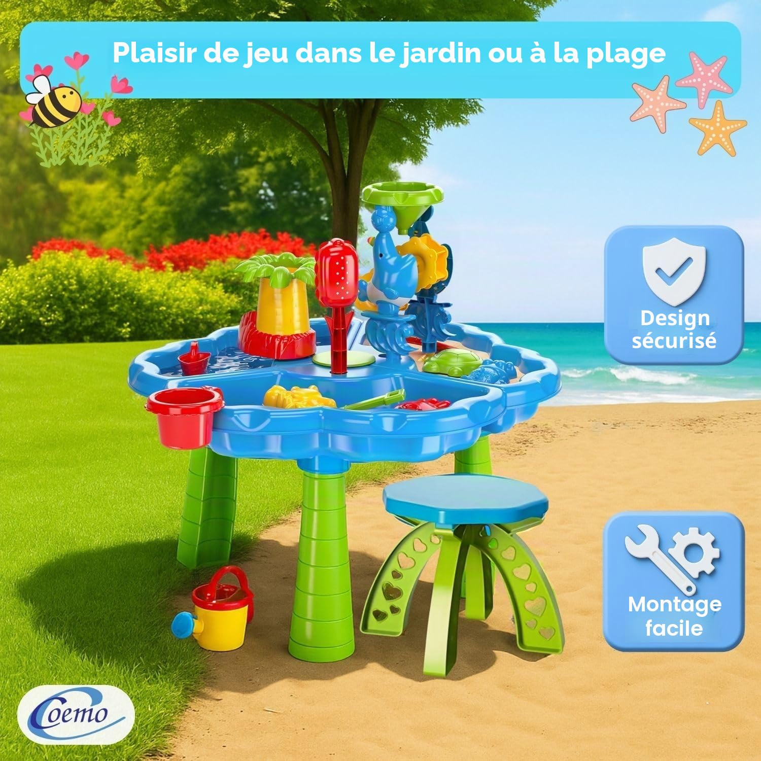 Table de Jeu Narus XL à Sable et Eau - 3 Bacs Séparés, Tabouret, pour Enfants, Extérieur, Balcon et Jardin - Bac à Sable avec Jouets et Table de Plantation