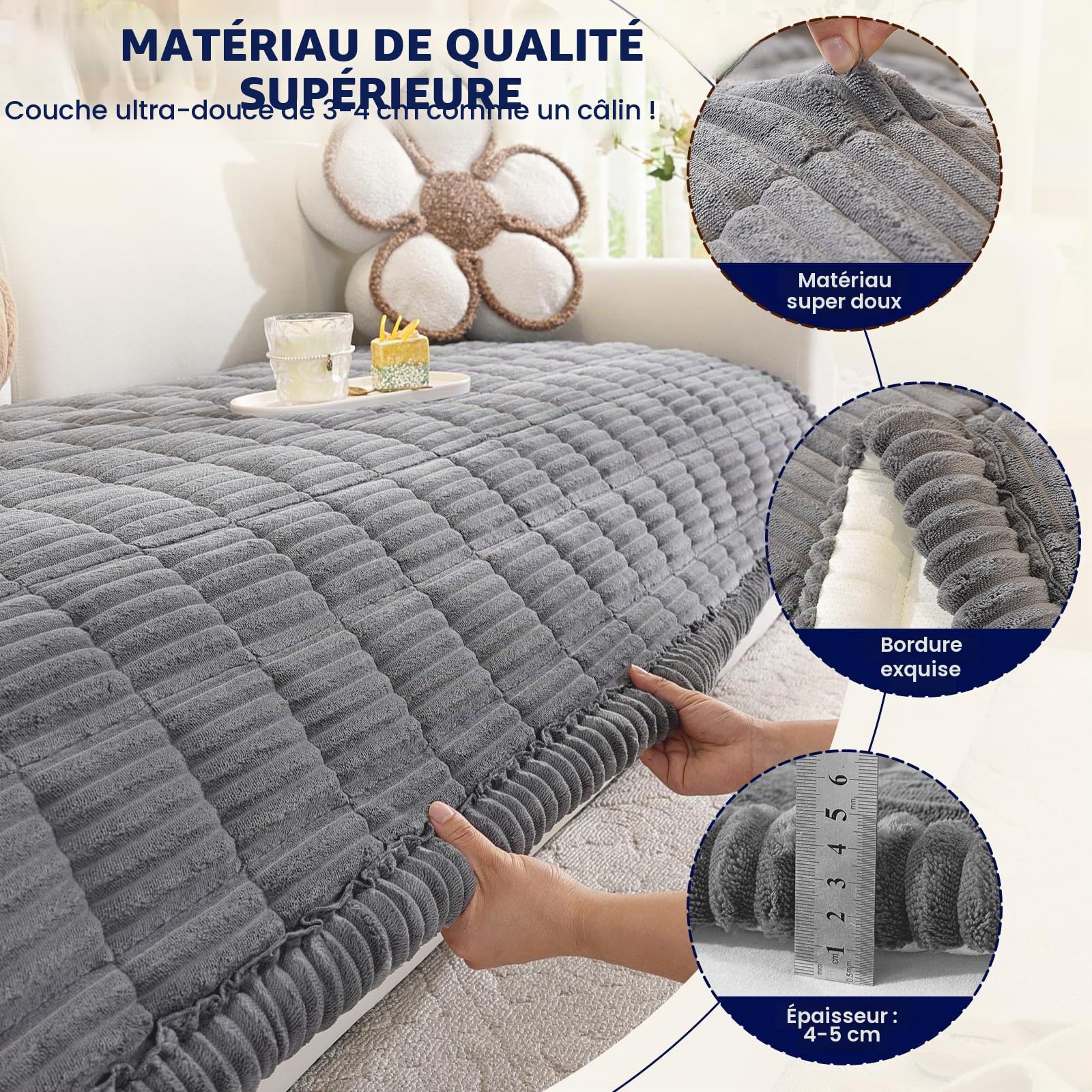 Royhom Housse de Canapé Épais, Protege Canape Cuir Anti-dérapant, Housse Canape d'angle, Doux Couverture pour Canapé, Tapis, Rebord de Fenêtre (Gris, 70 x 180 cm)
